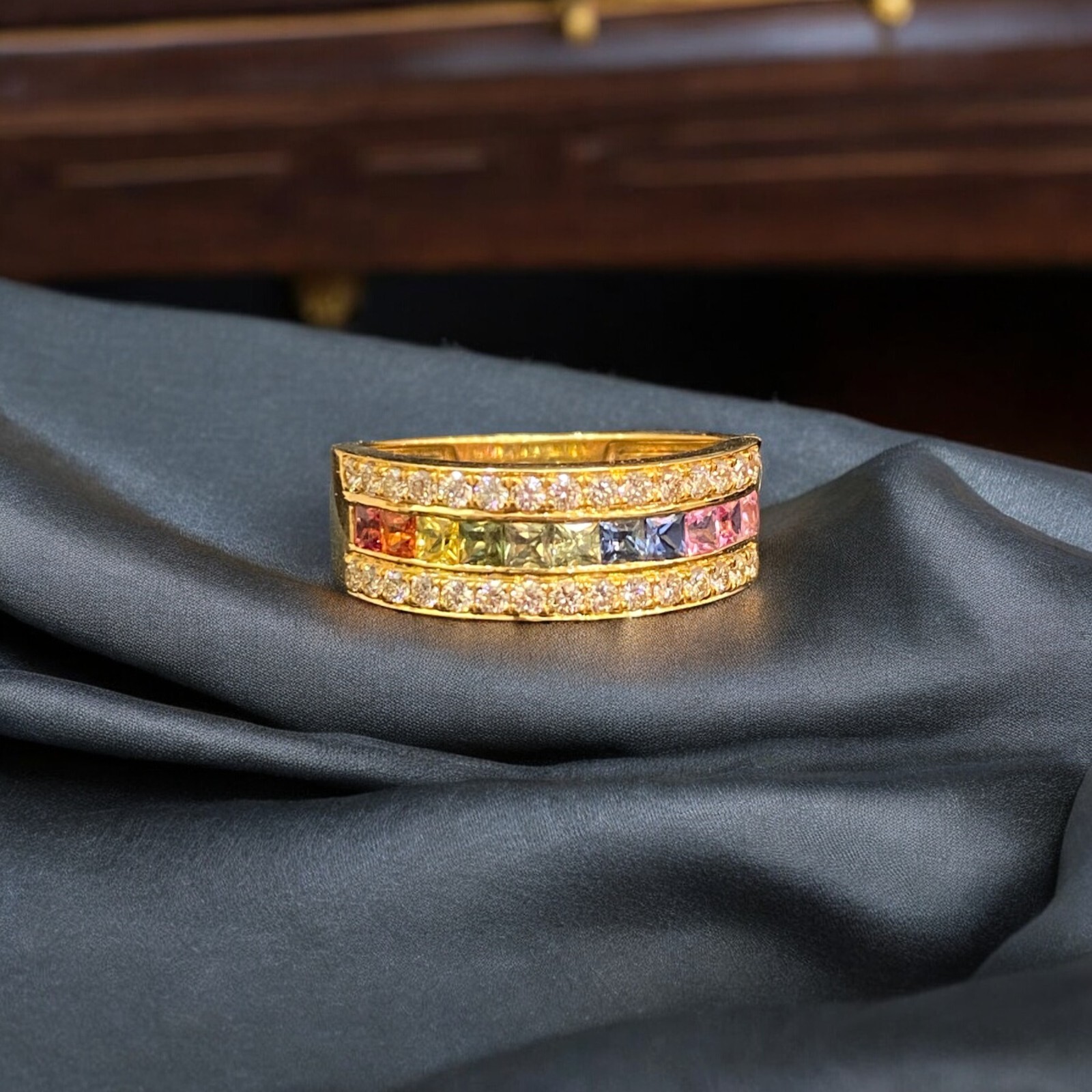 2.52 TCW Round Brilliant Diamonds Multi Color Princess Sapphire Ring in 18K Gold