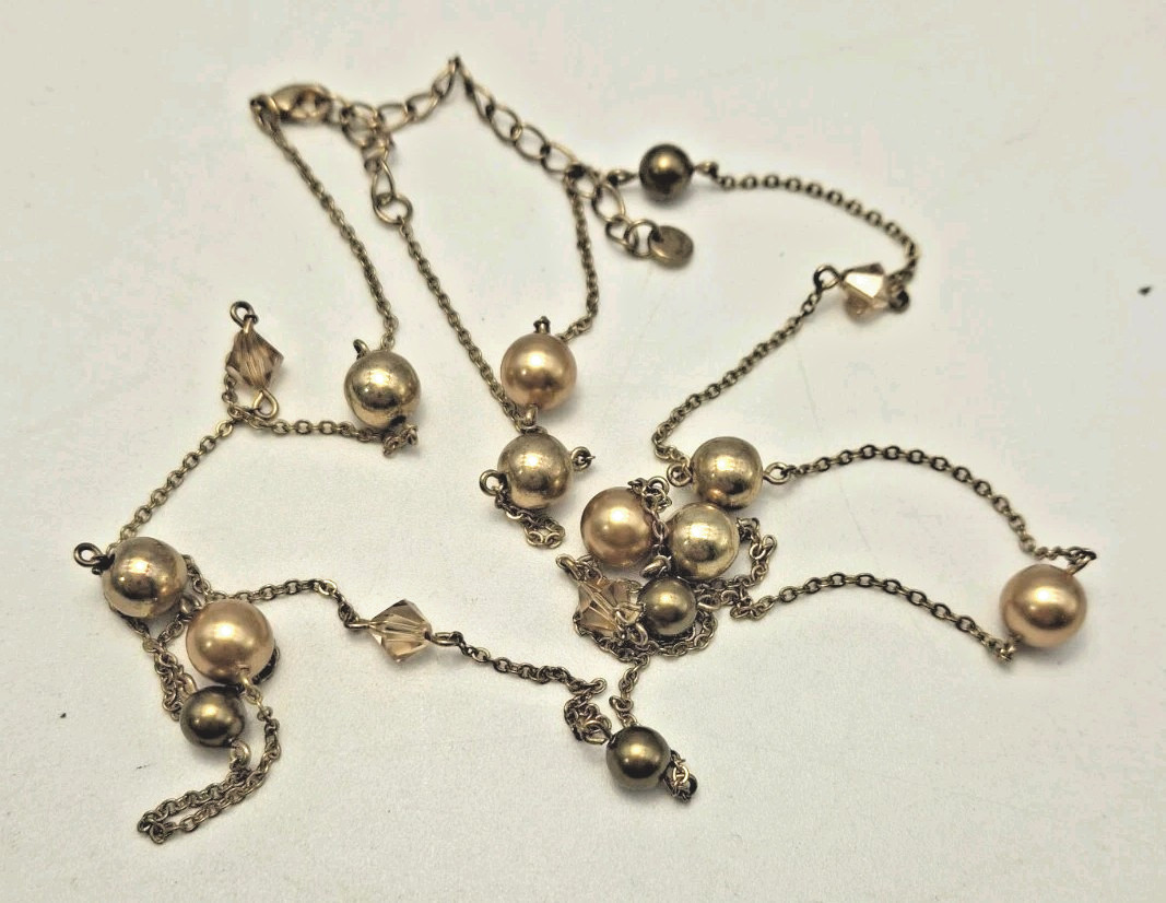 LBD Essentials Minimalist Necklace w Brass Chain Beads n Crystals Signed 39″