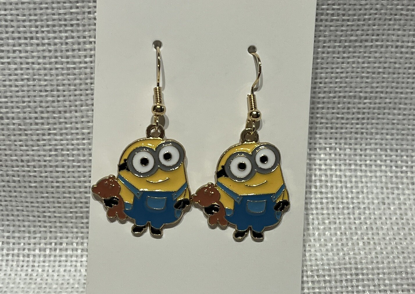 Cartoon Minion Teddy Bear Gold Loop Enamel Drop Dangle Adorable Earring Set
