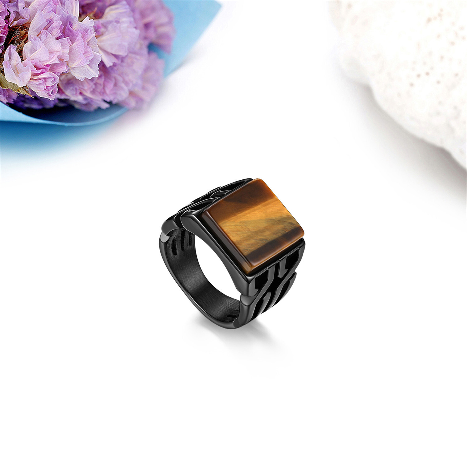 Men’s Retro Glossy Stainless Steel Tiger Eye Stone Patterned Band Ring Size 8-11