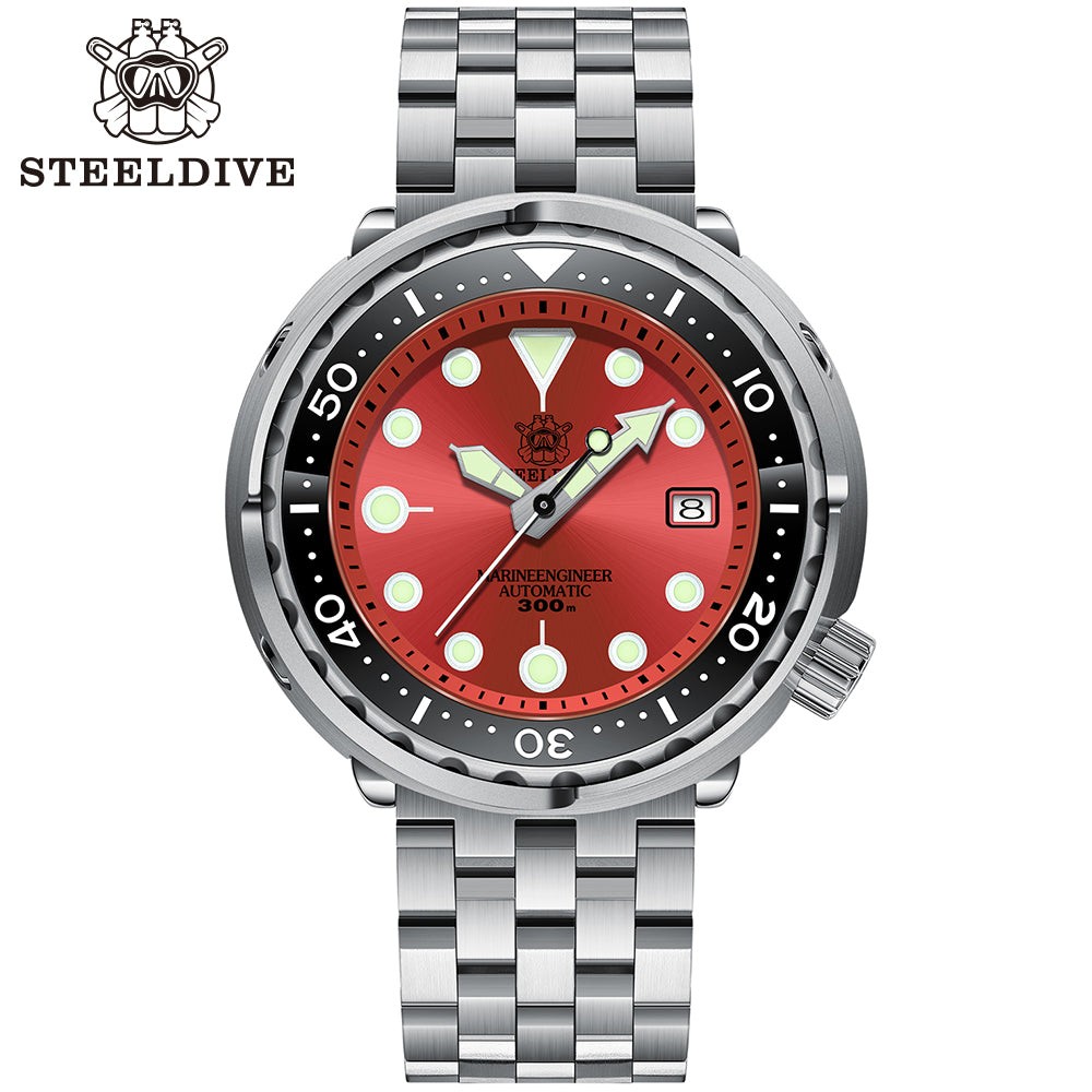 STEELDIVE SD1975 Mens 47.5mm 300M Automatic Dive Watch NH35 Steel Red