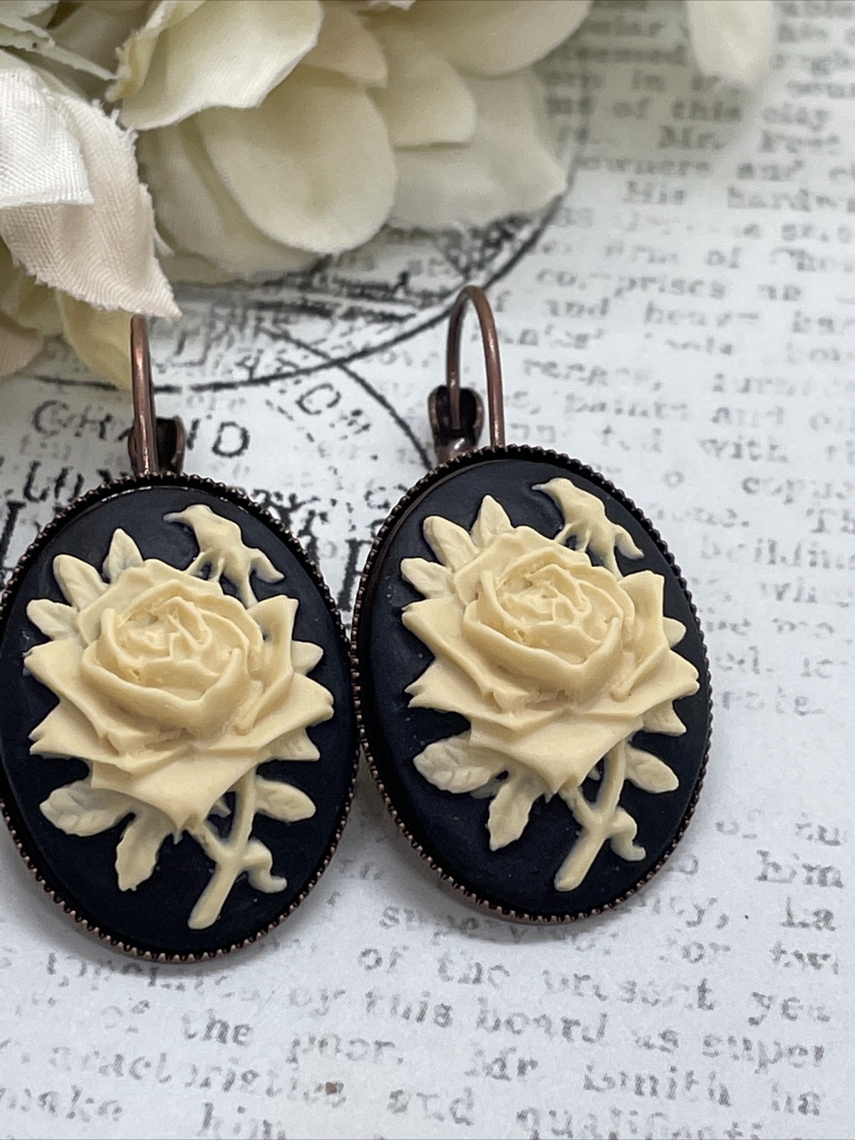 Rose Gold Brass Cream & Black Victorian Anniversary Earrings Cameo Birthday Gift