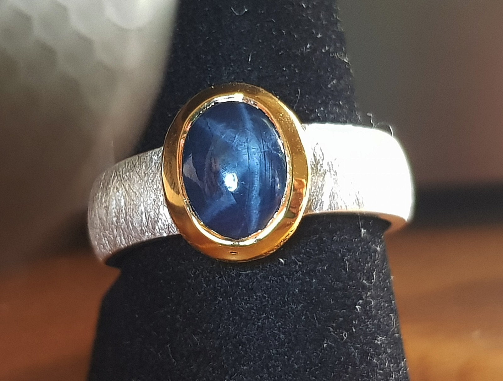 JEWELLERY PIECE RING Saffir Blue 925 Silver Star Safir Gold Cabochon 56 18 Star