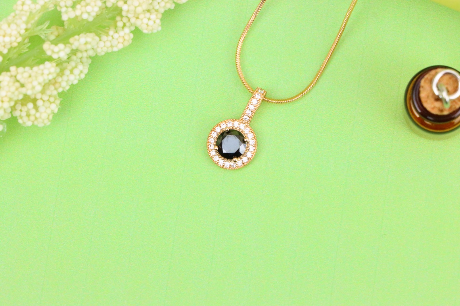 with Crystal Halo for Women, XPPT1740 Gold Plated Black Round Pendant