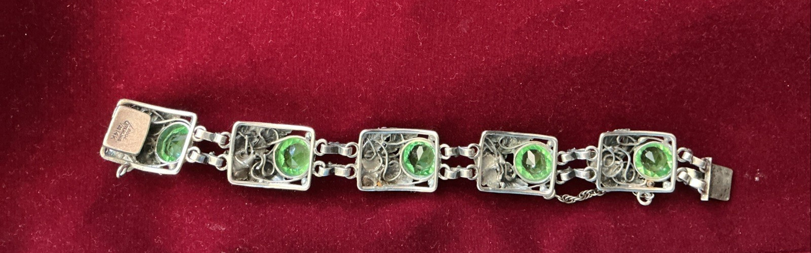 Signed Hobe 40’s Sterling Silver 1/20 14K Gold Floral Link Bracelet Green Glass