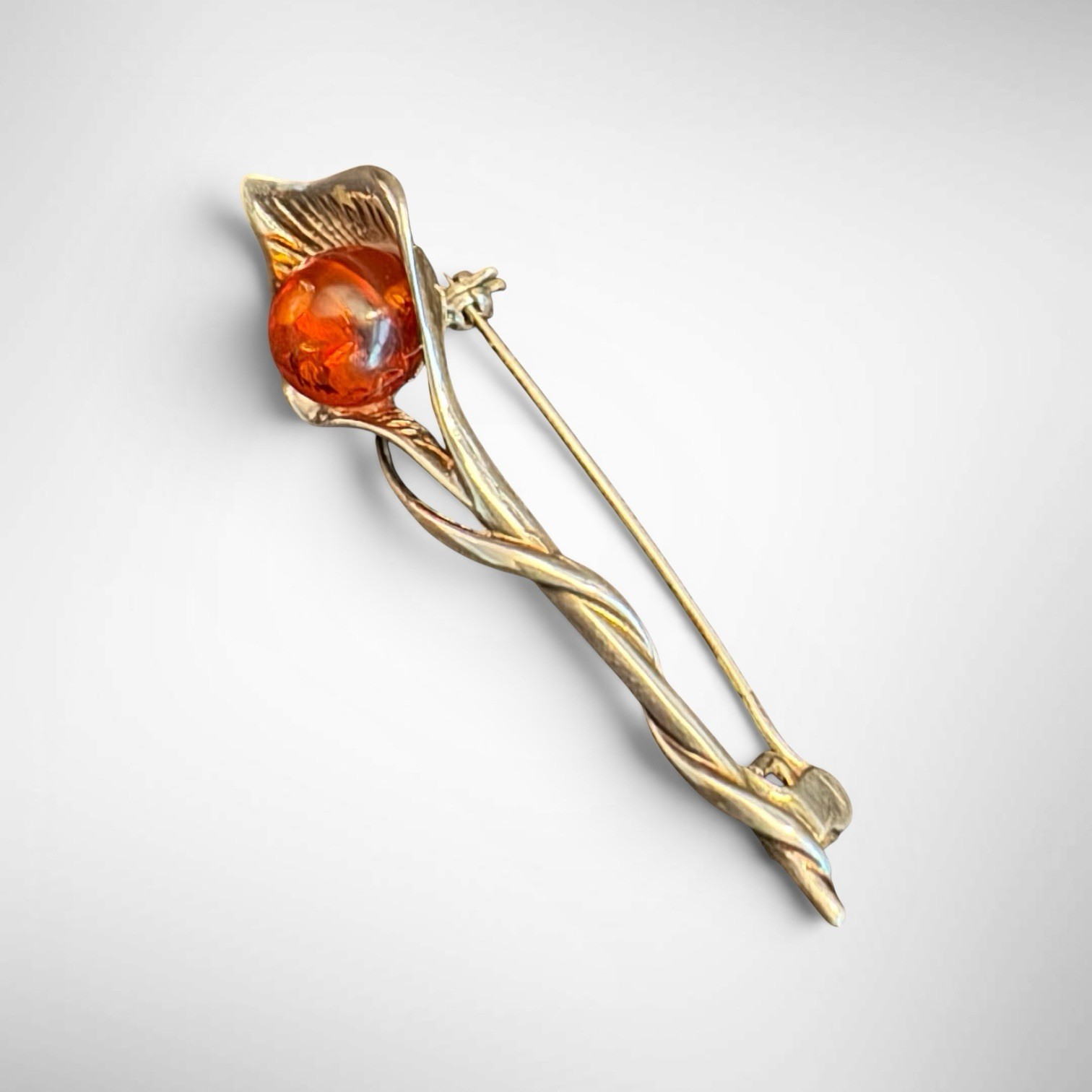 Sterling Silver Amber Set Foliate Pin or Brooch 6g 2 Inch Length
