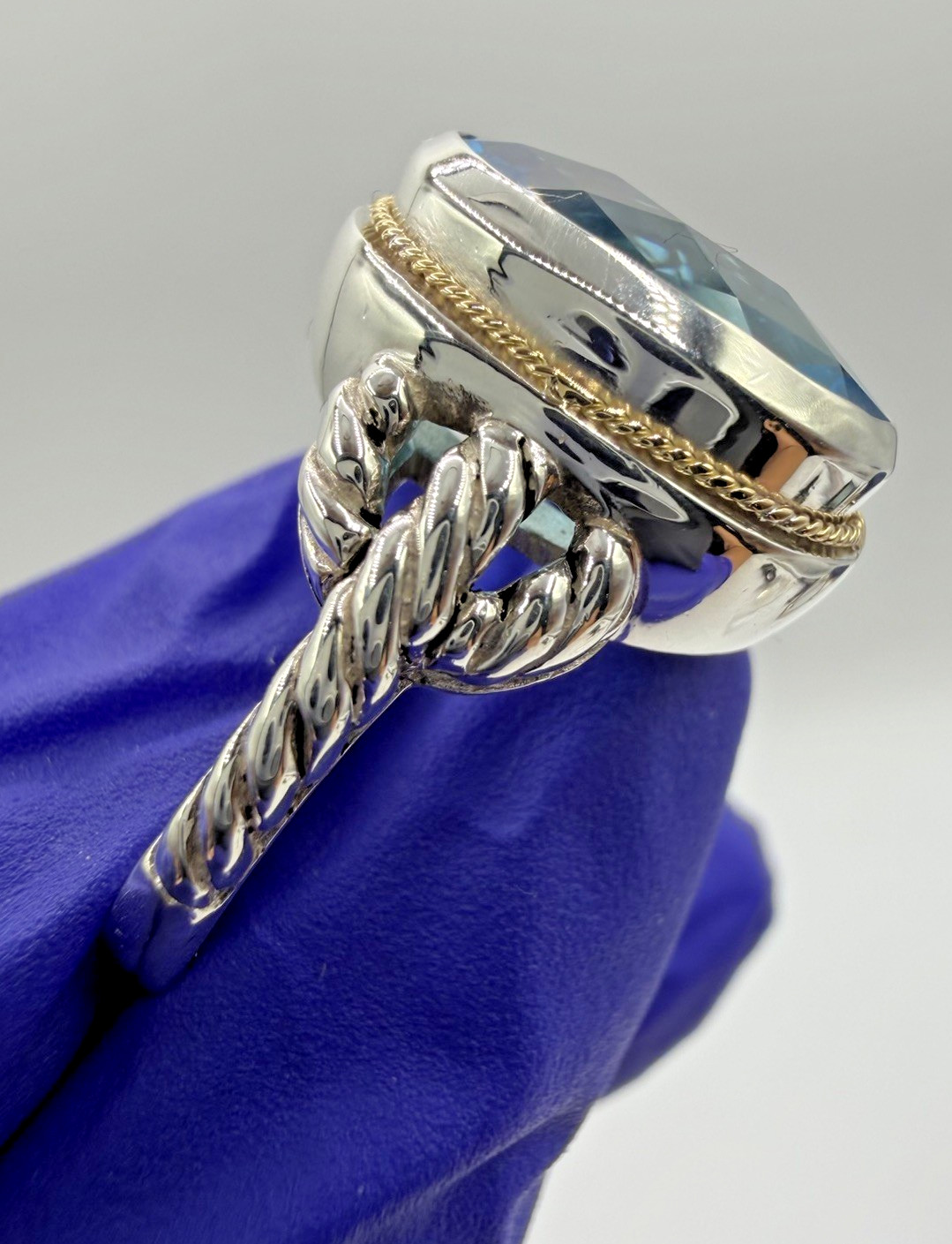 Designer Effy Sterling Silver & 18k Gold Oval Blue Topaz Twisted Cable Ring Sz 7