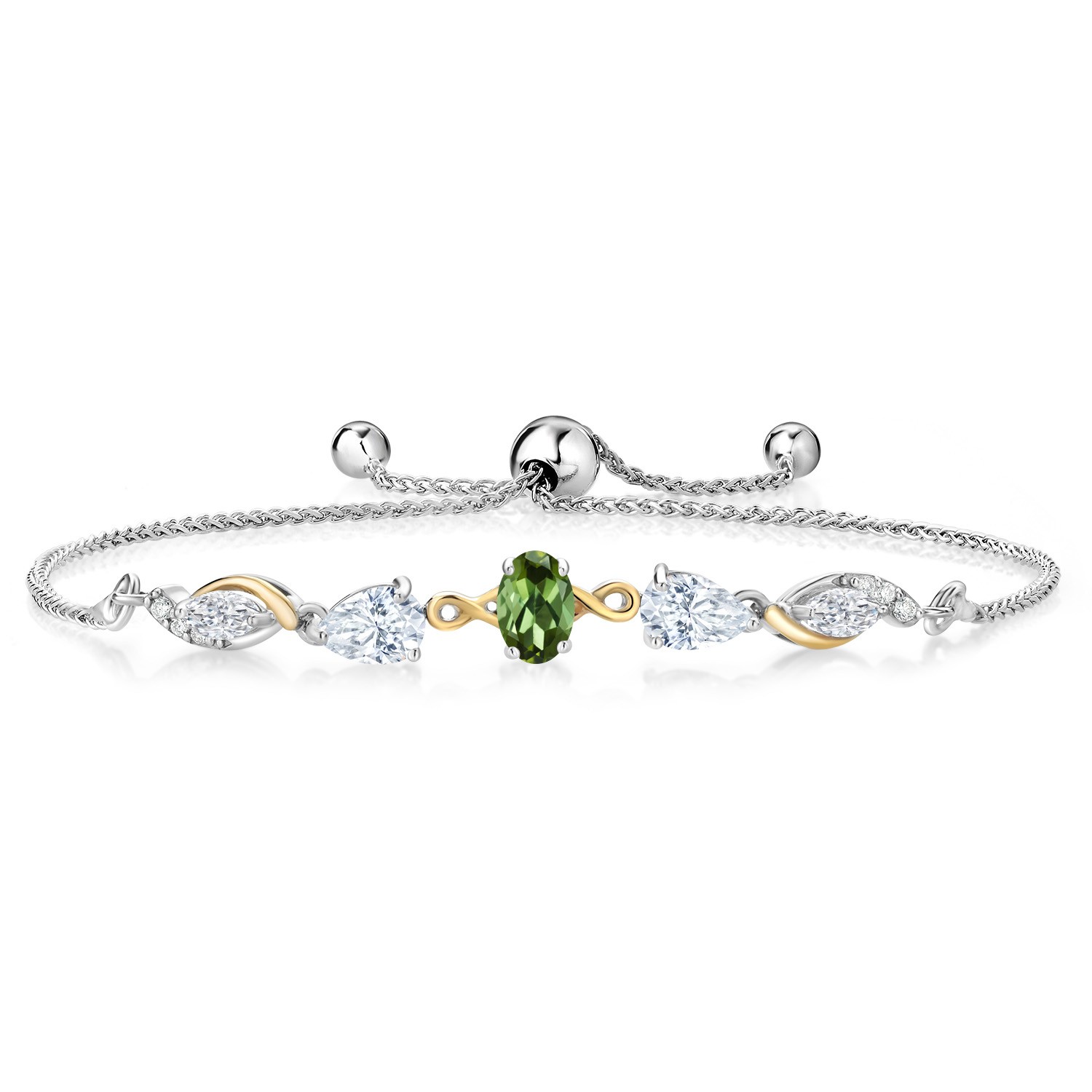 925 Silver and 10K Yellow Gold Green Tourmaline and White Moissanite and Lab