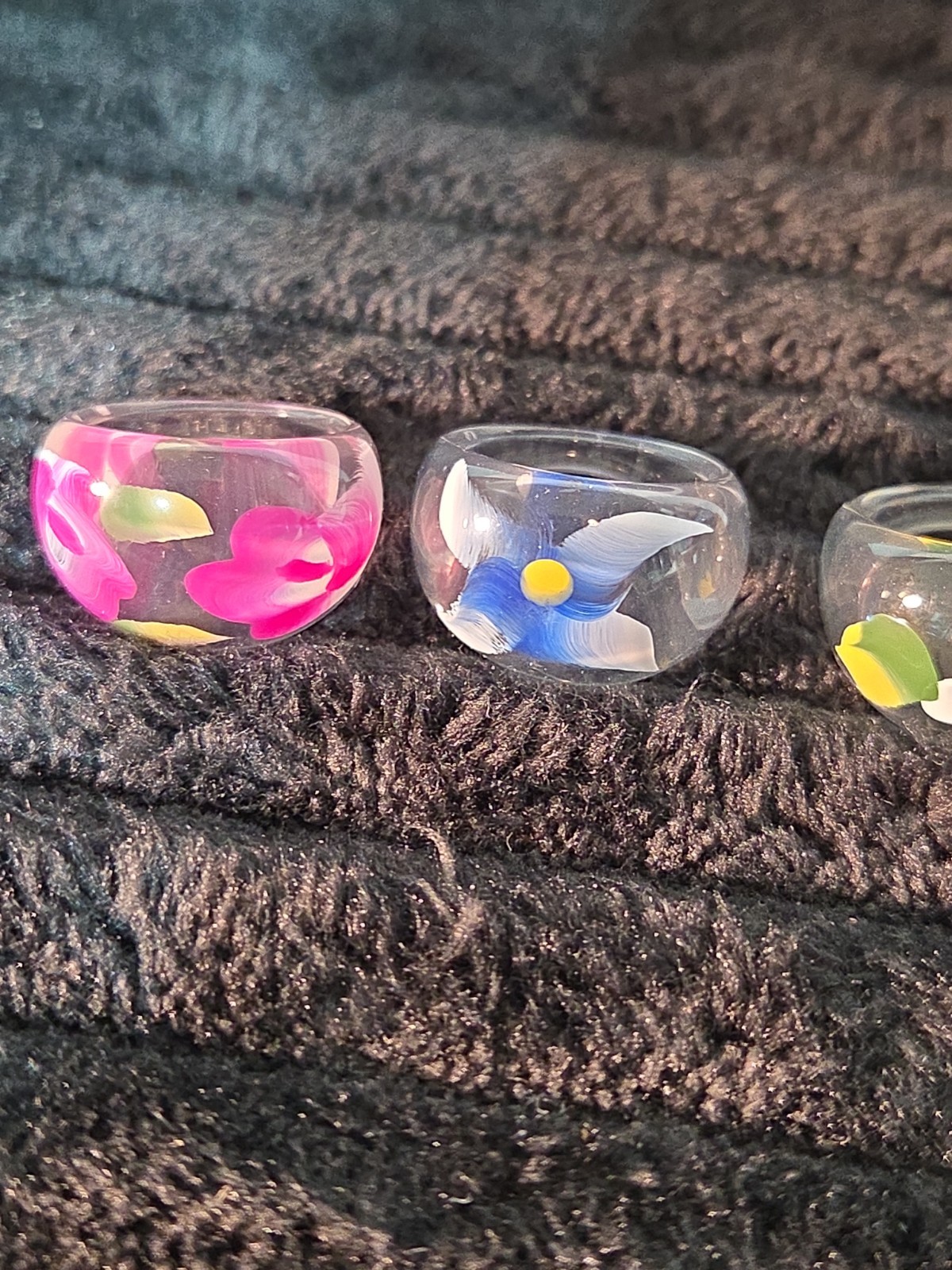 5 Plastic Resin Rings Multicolor Flower Ring Clear Band Handmade Painted Size 9
