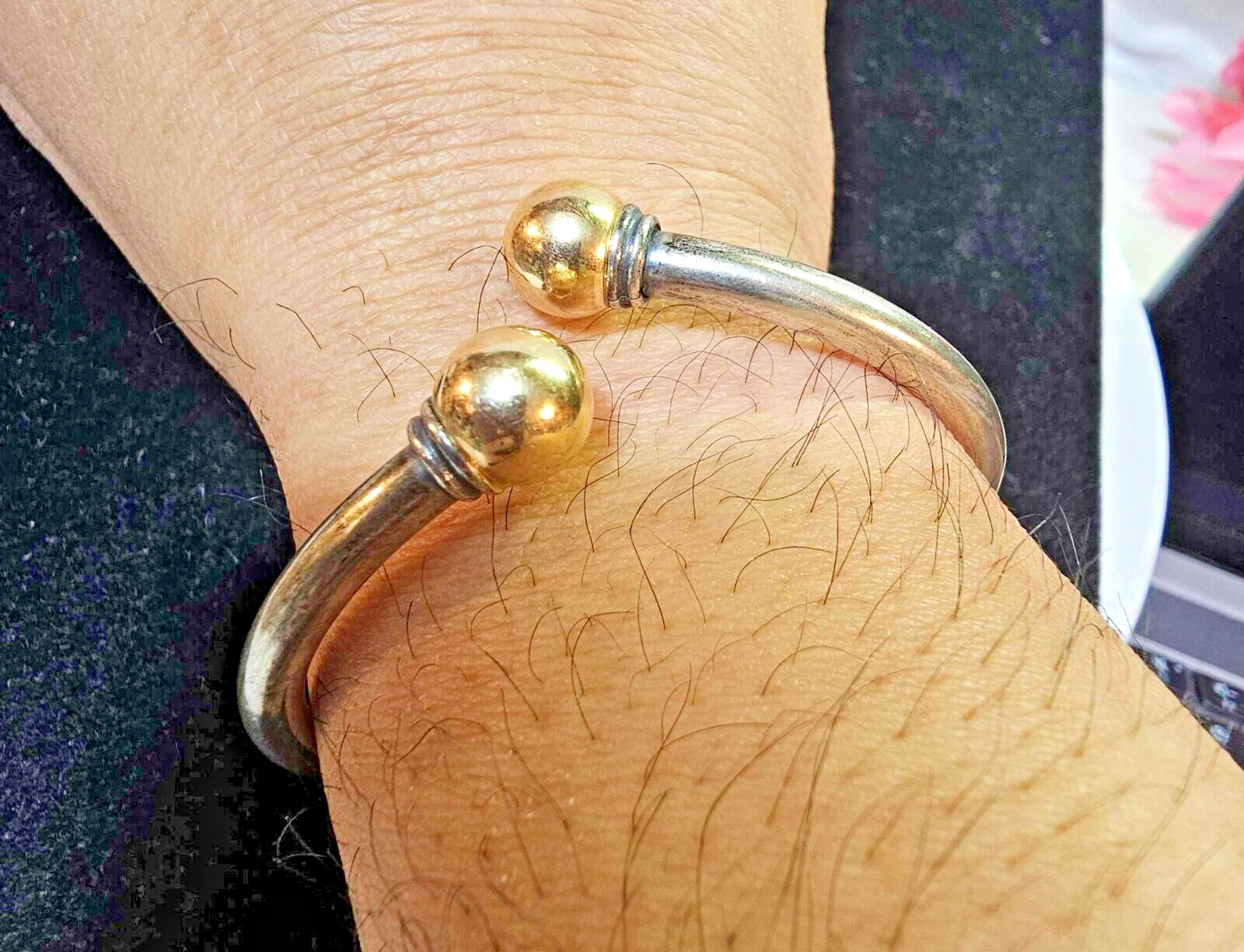 925 Sterling w 14k gold ball tips/end flexible Cuff Bracelet Puff-12.07g- Tested