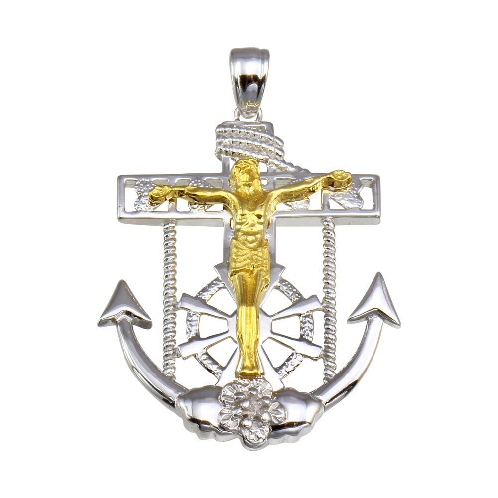 Sterling Silver Mariner`s Anchor Crucifix Cross Two Tone Pendant