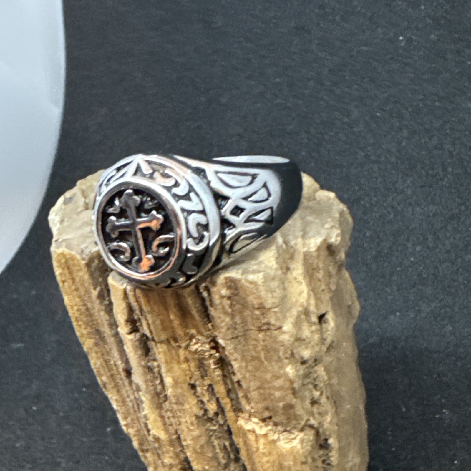 Cross Ring Stainless Steel High Polish Oxidized 12mm Face Width 5mm Band