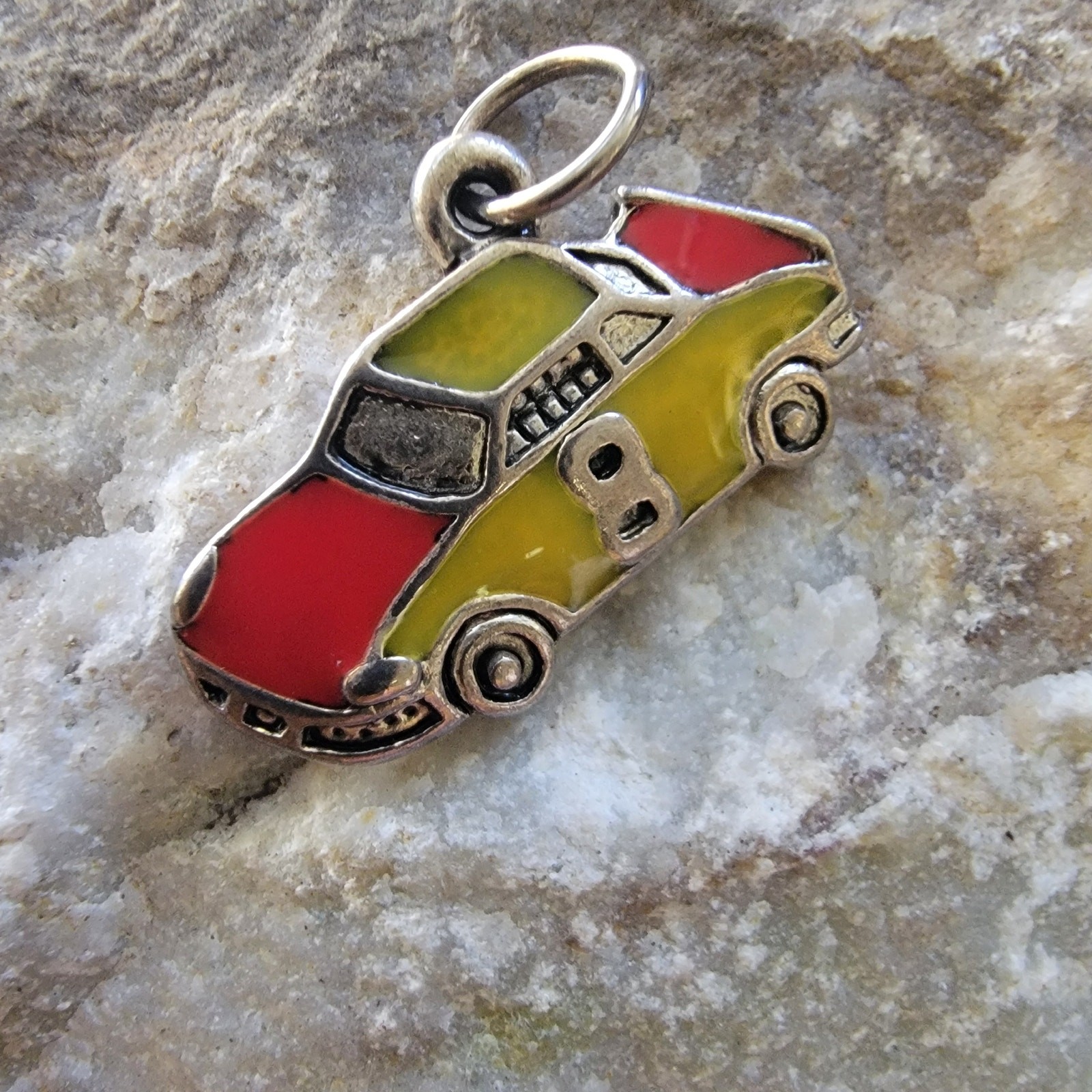 Vintage Charm Enamel Race Car Pendant Yellow Red 8 Silver Tone Sports Coupe Toy
