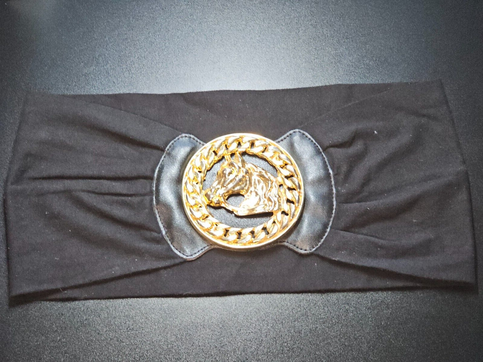 HUGE Vtg 1980s FRENCH Stretch Fabric Belt Equestrian Horse Motif Goldtone