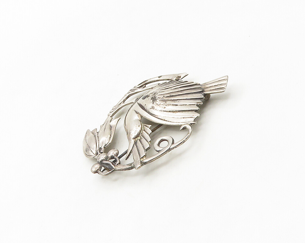 925 Sterling Silver Vintage Antique Perched Bird Shiny Brooch Pin BP6693