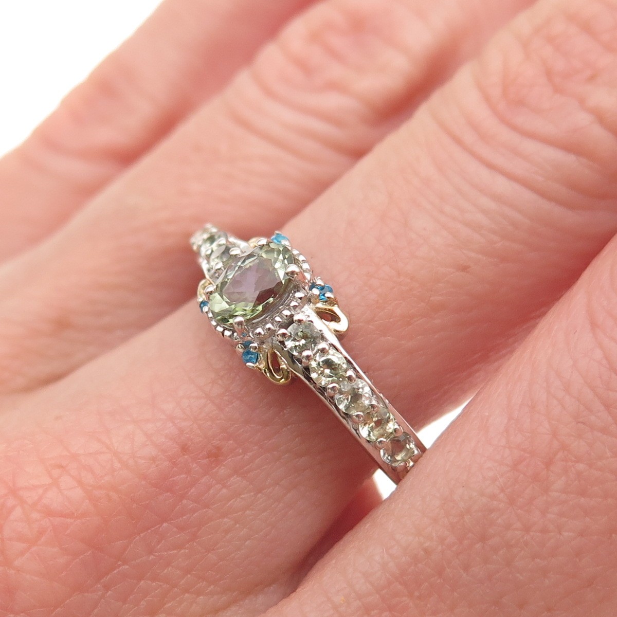 Chuck Clemency Sterling Silver 2-Tone Real Green Amethyst & Apatite Ring Size 8