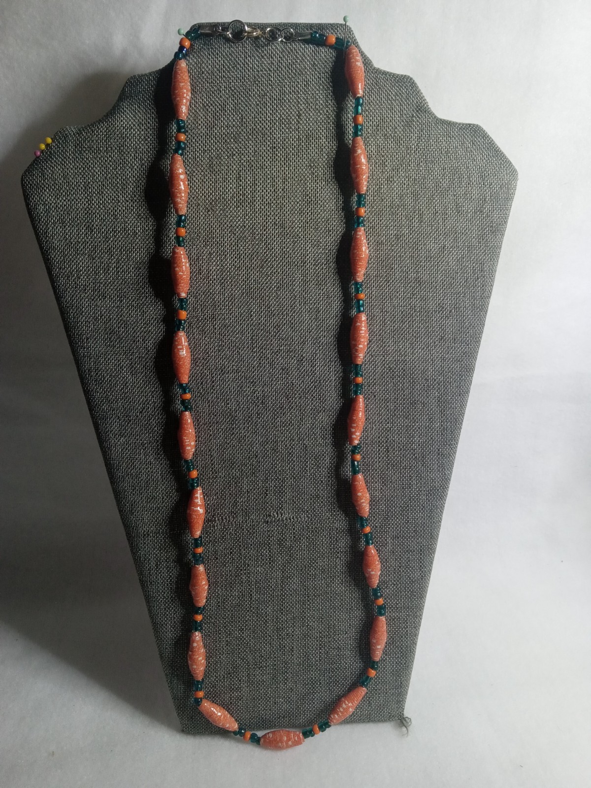 Handmade Boho Paper Bead and Turquoise Seed Bead Necklace