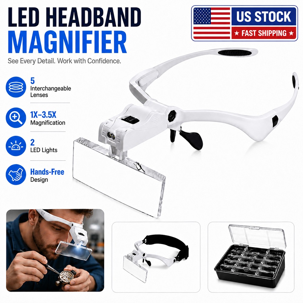 1.0X-3.5X Magnifying Glasses Lighted Headband Magnifier Glass for Crafts Jewelry