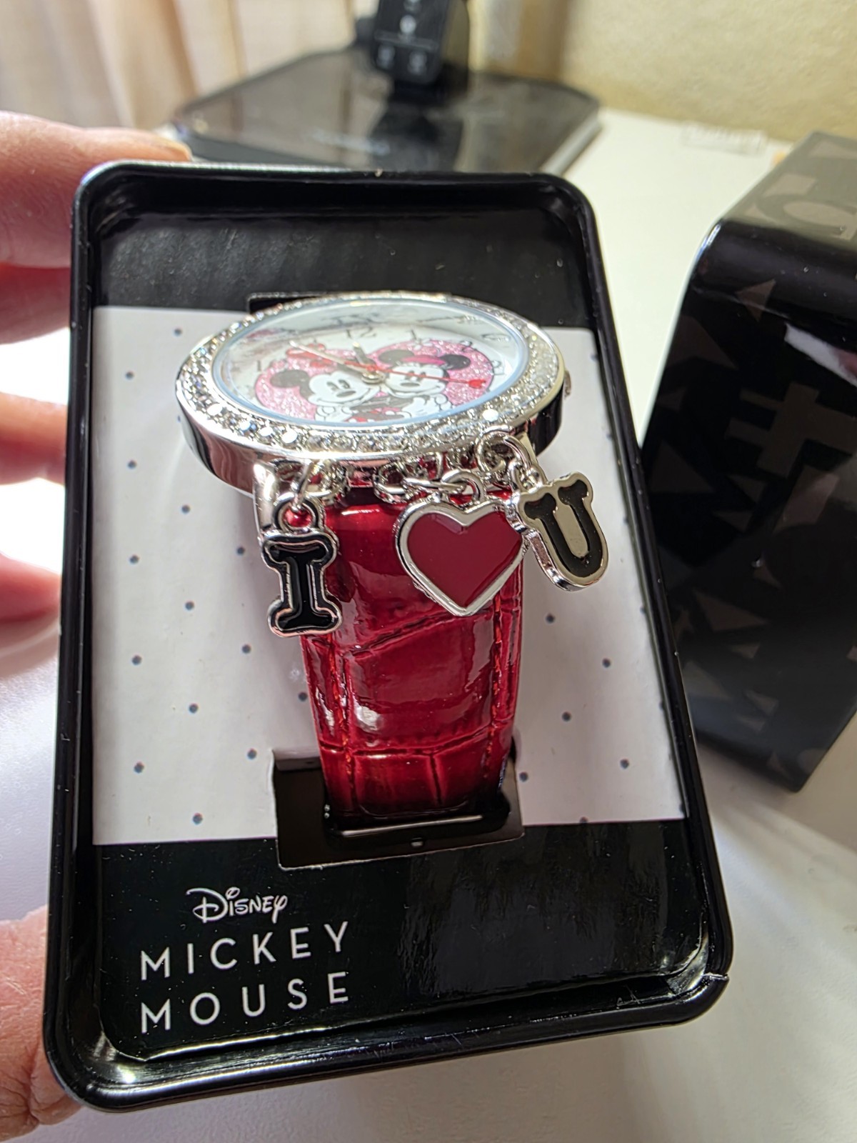 Disney Minnie & Mickey Mouse Women’s Quartz Watch Red Leather Strap with charms.