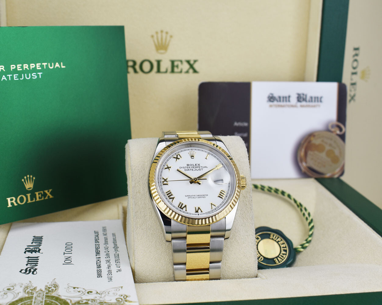 ROLEX – 18kt Gold & SS Datejust 36 White Roman BOX & CARD 126233 SANT BLANC