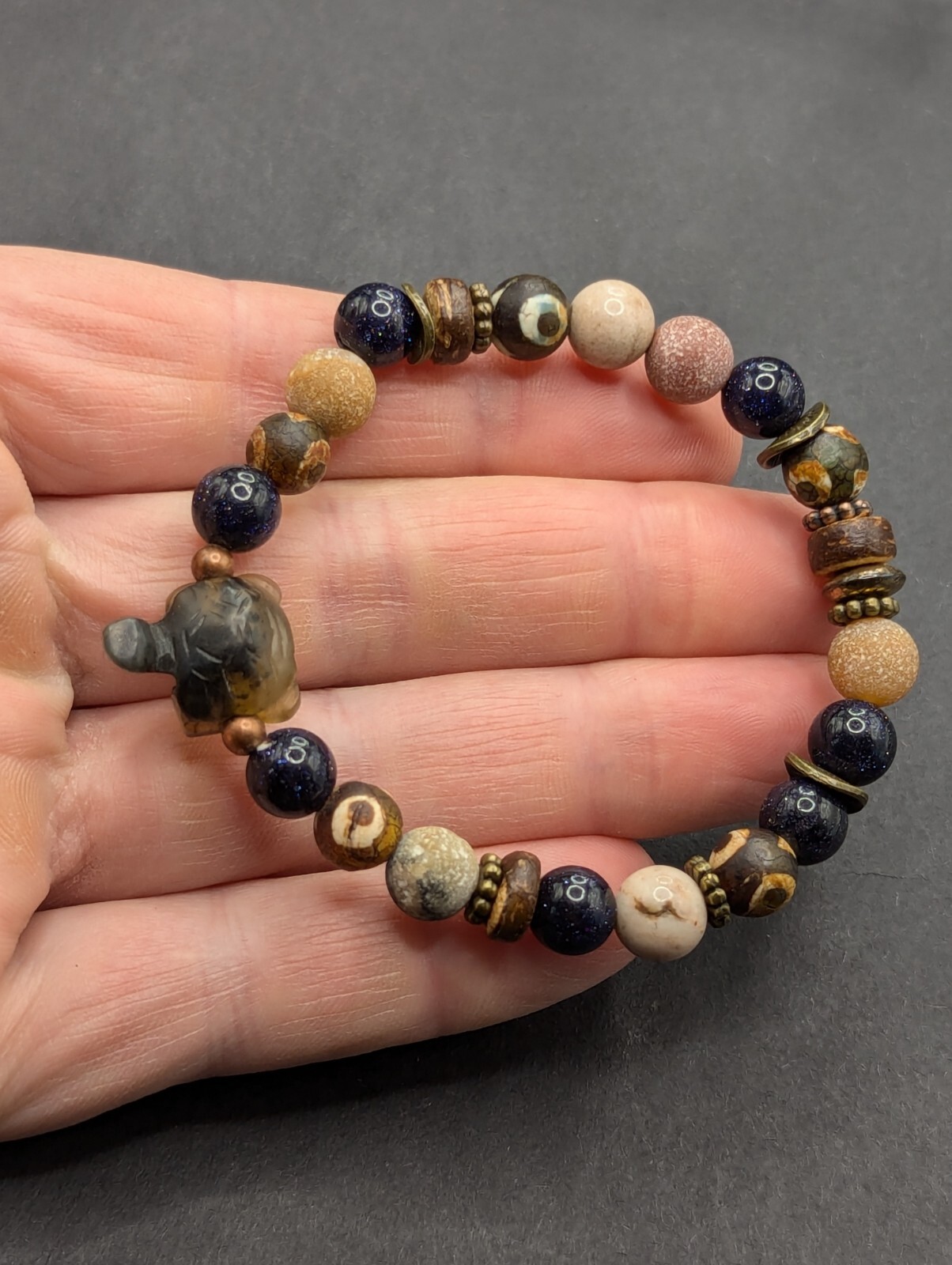 Women’s Turtle Boho Earthy Beaded Stretch Bracelet (16cm) Small Wrist