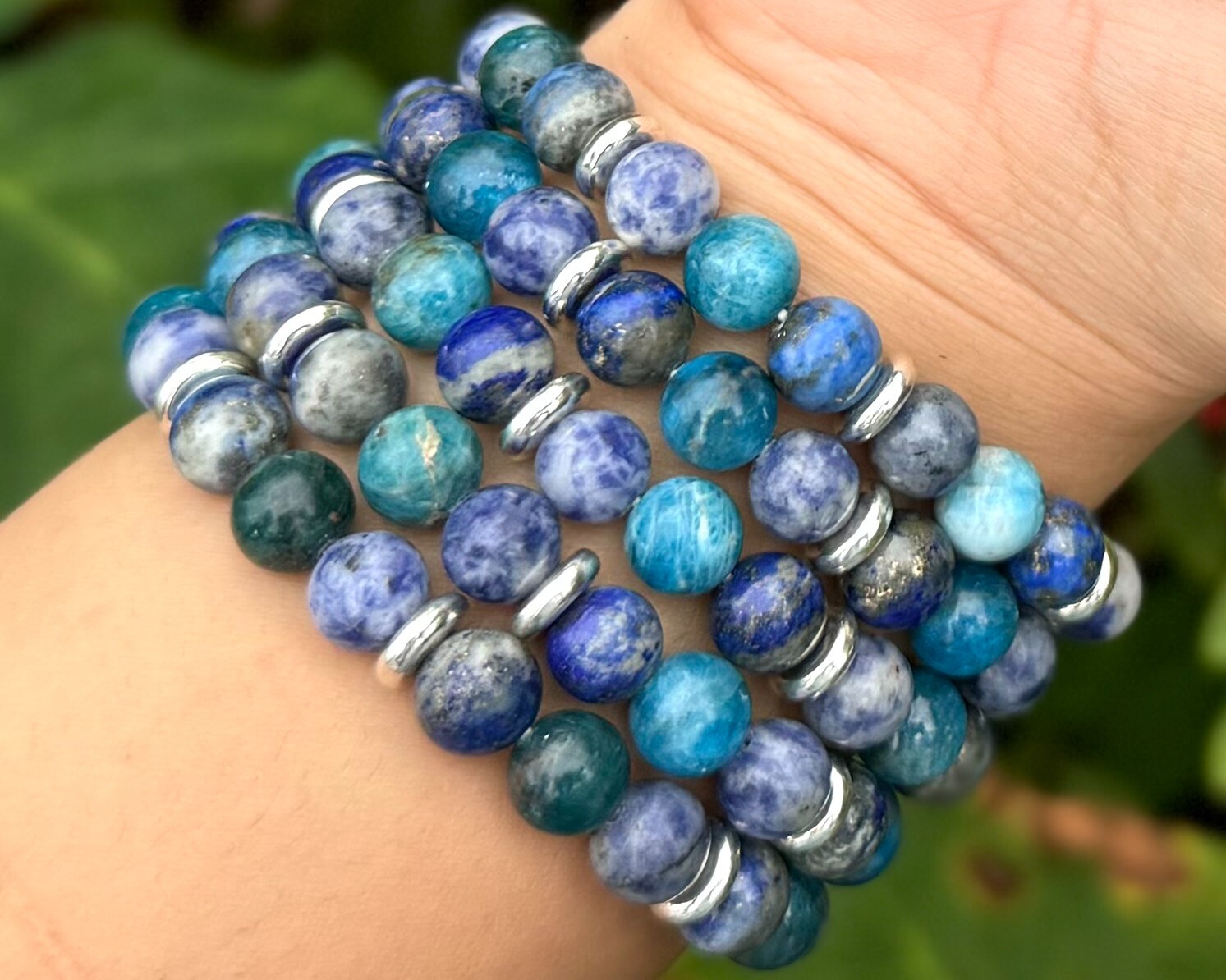 Ocean Blue Bracelet: 8 mm Crystal Beads (Blue Apatite, Lapis Lazuli, & Sodalite)
