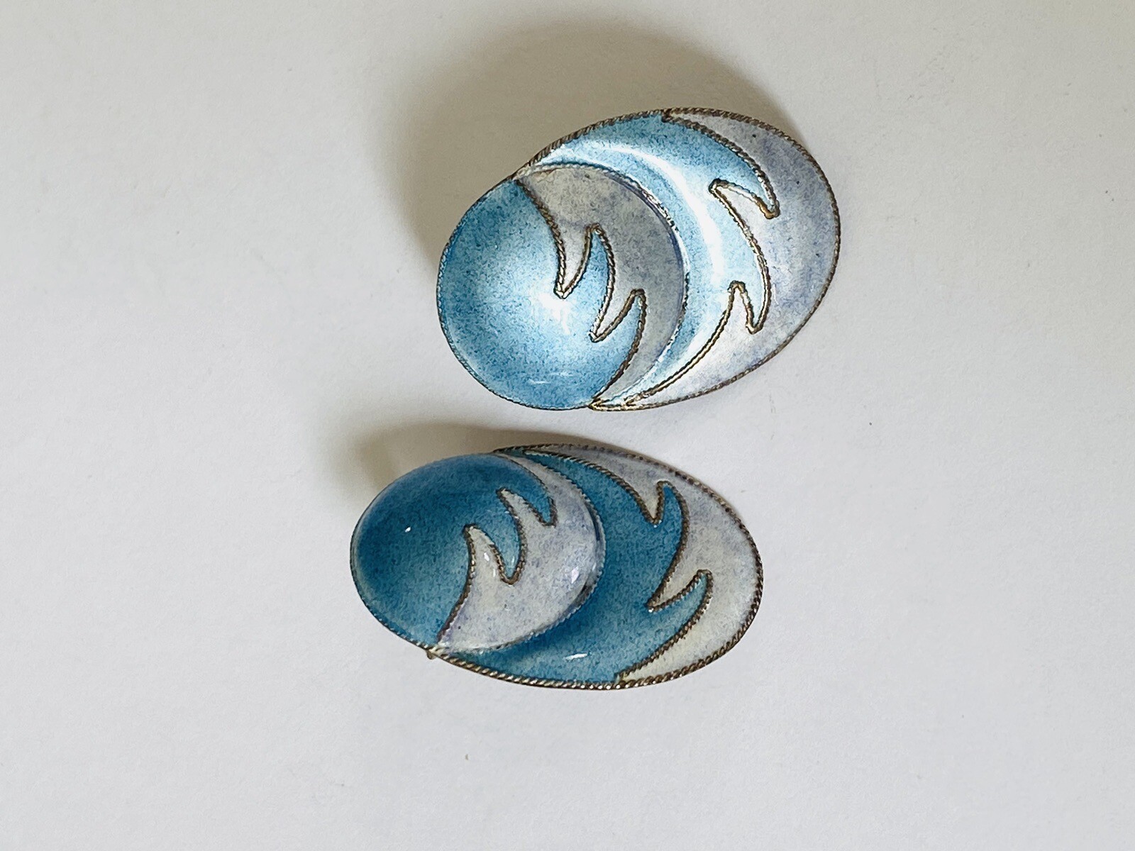 Vintage Chinese Export Gilt Sterling Silver Enamel Blue Waves Oval Earrings