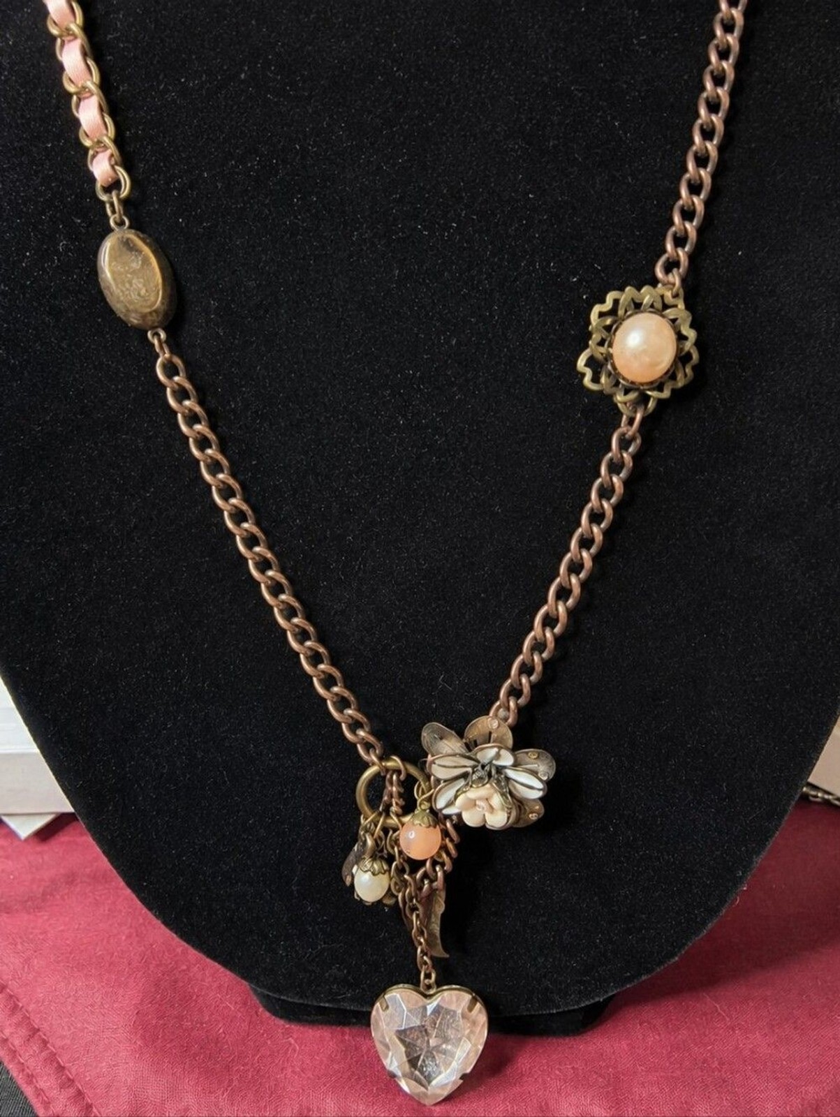 Vintage Romantic Cottagecore Charm Necklace Antique Copper Pink Glass Flower
