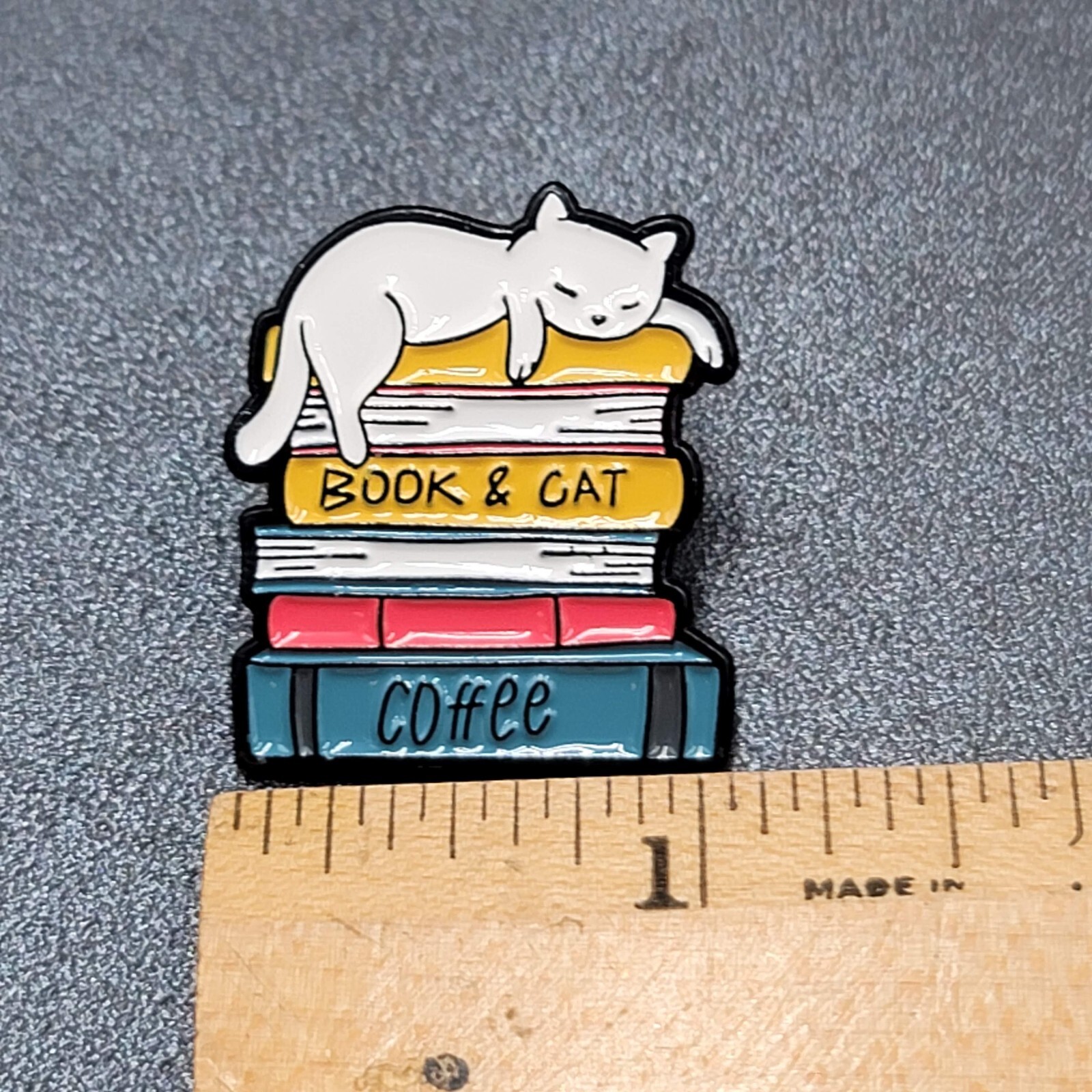 White Cat Enamel Lapel Hat Pin Book and Cat Coffee Multicolor 1.25″