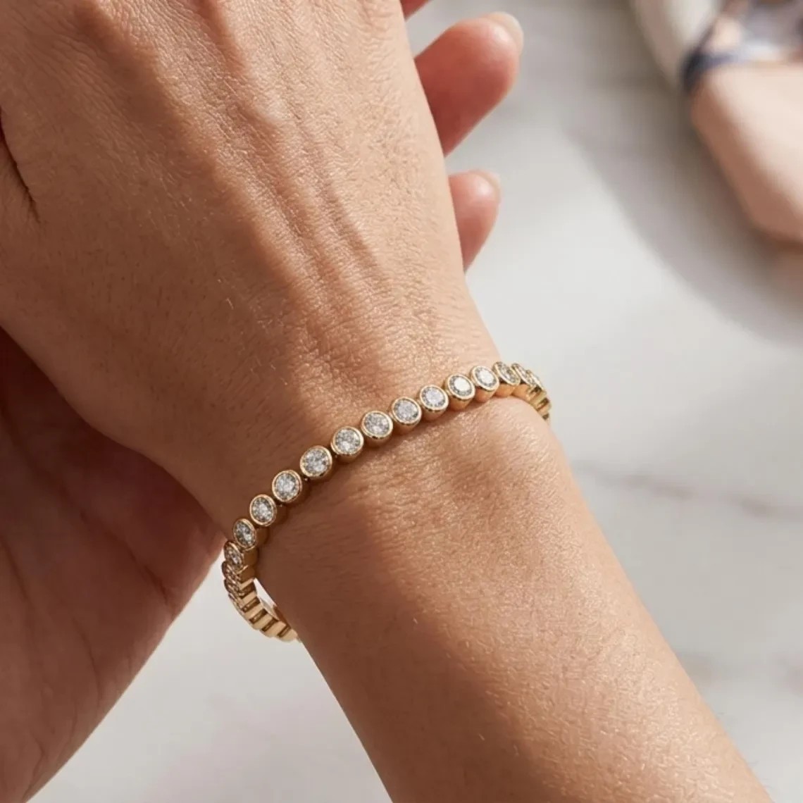 9Ct Round Cut Lab Created Diamond Bezel Set Tennis Bracelet 14K Yellow Gold FN