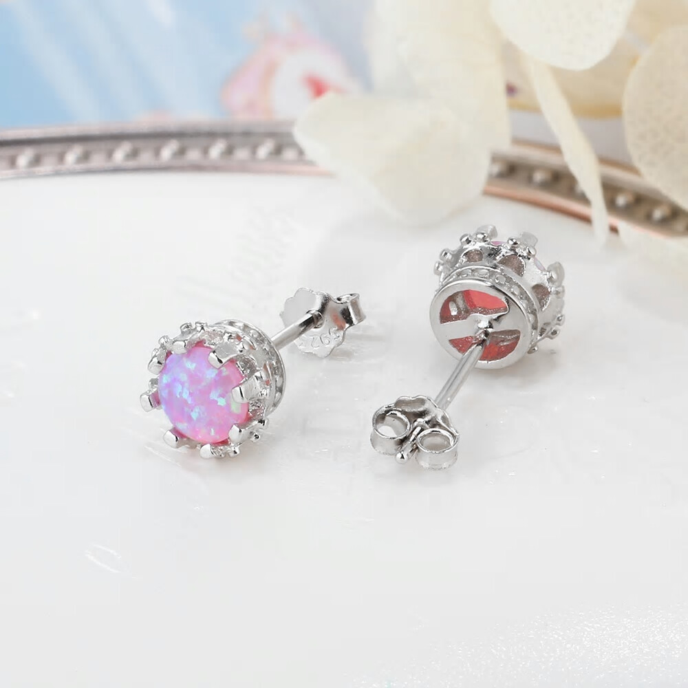 NEW Simple and Elegant 925 Silver Stud Earrings, White, Blue, Pink Fire Opal