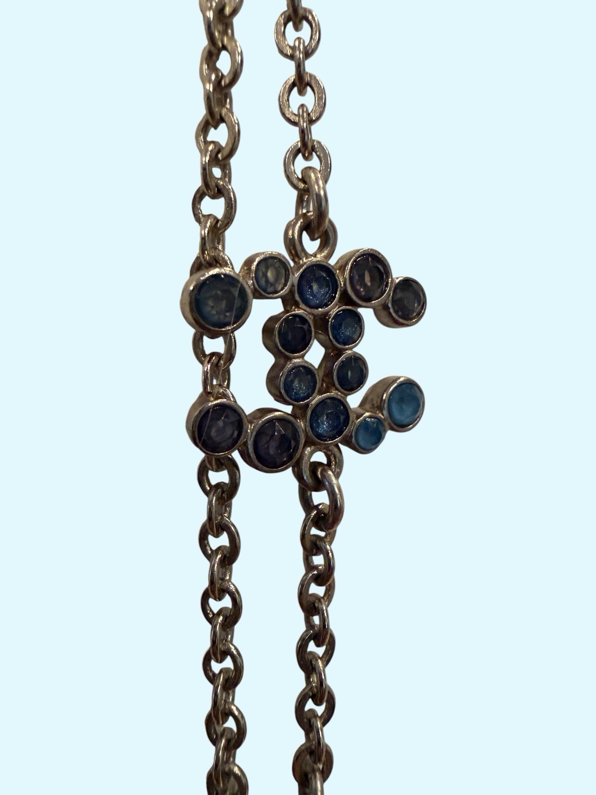 Chanel Multi-Strand Satoir Necklace With Blue Iridescent Crystal Chicklet Stones