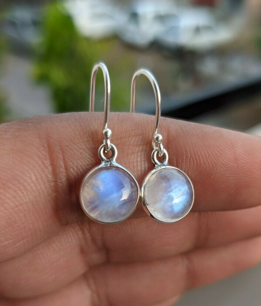 Blue Fire Rainbow Moonstone Round Cabochon 925 Sterling Silver Handmade Earrings