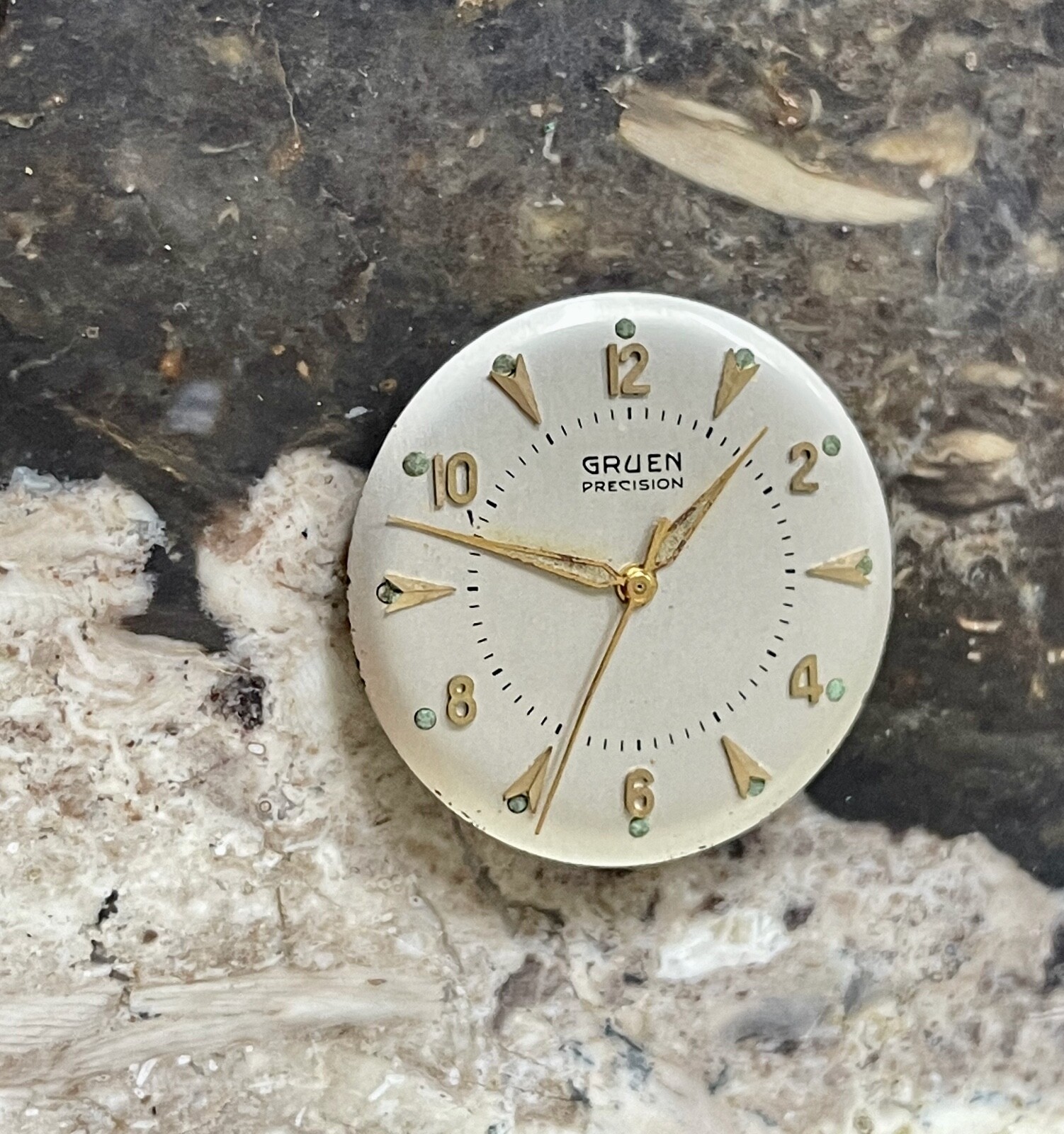 Vintage Gruen watch yellow gold dial & hands dealer set NOS 26.7mm lume plots