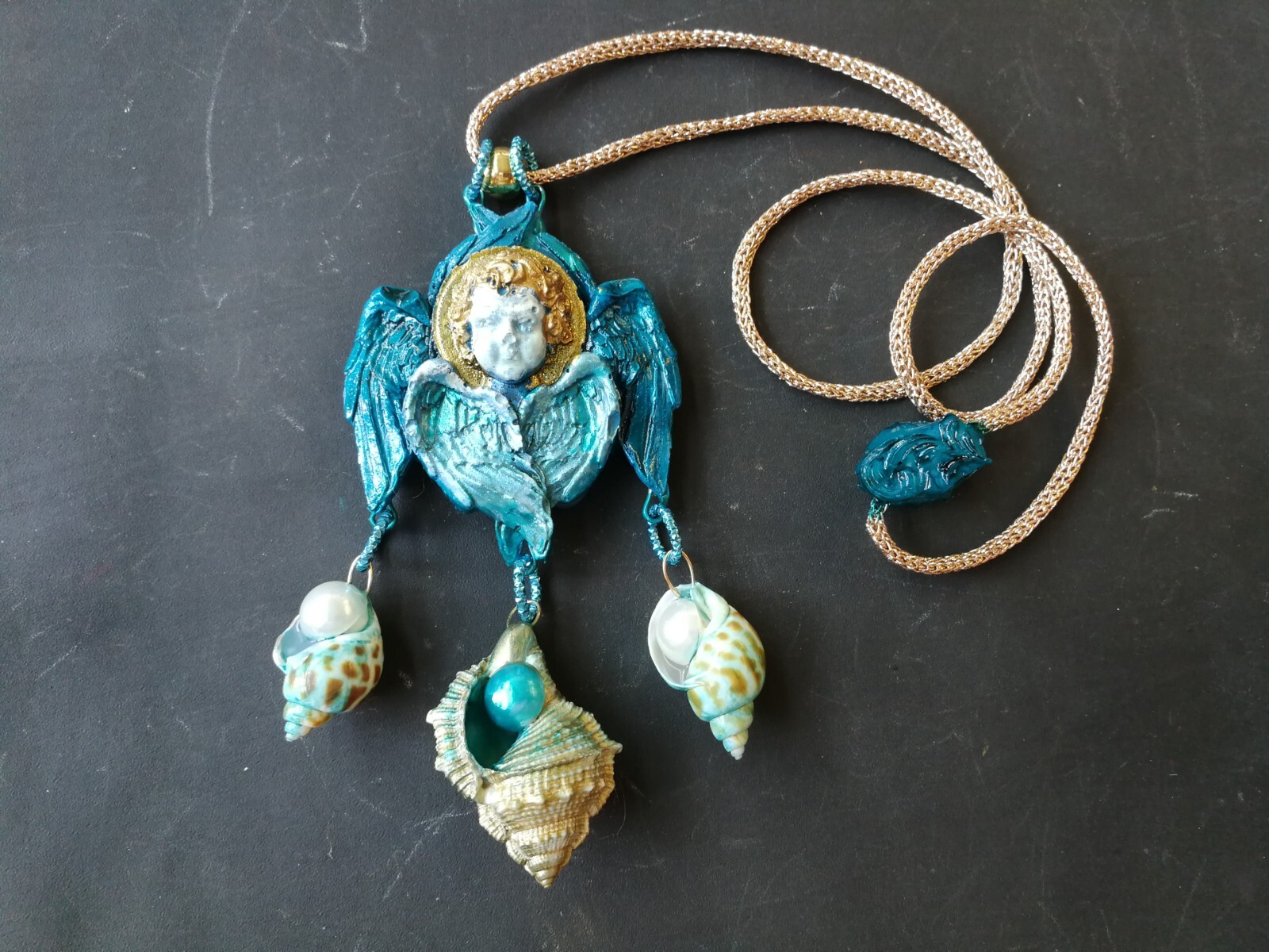 Talisman Amulet Blue Angel Rhinestone Necklace Pendant Wings Pearl Shell Jewelry