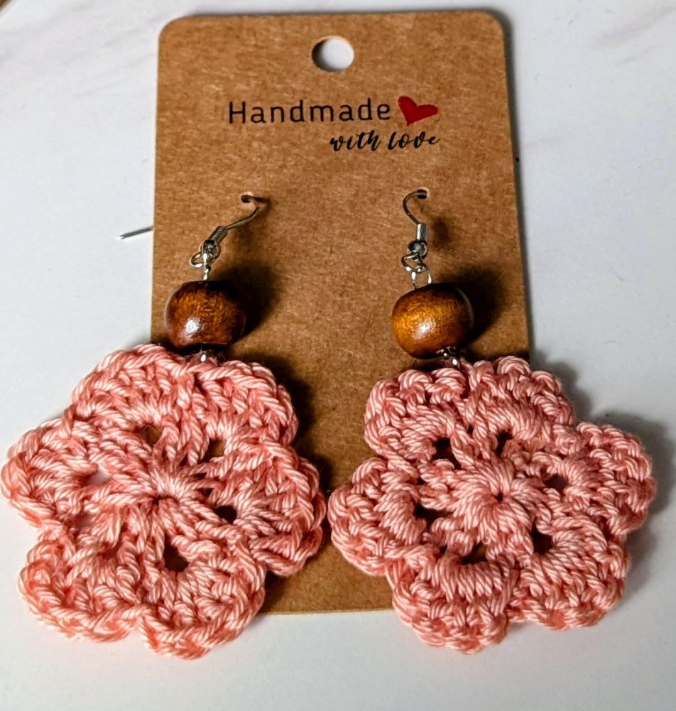 Handcrafted Pink Crochet Flower Dangle Earrings 1&1/2 In. Lightweight & Gorgeous