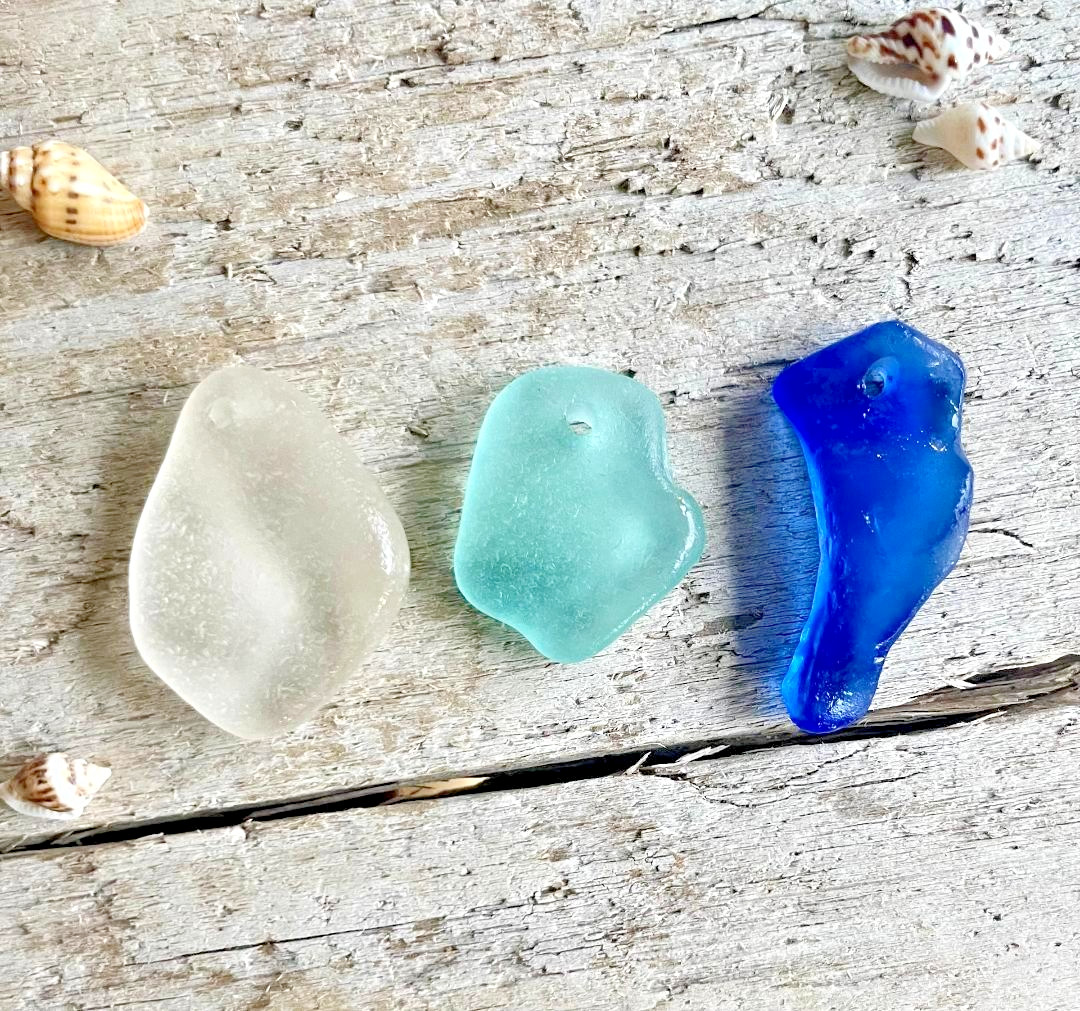 3Pcs Top Drilled Frosted SEA GLASS Beach Glass Necklace Pendants Aqua Blue Clear