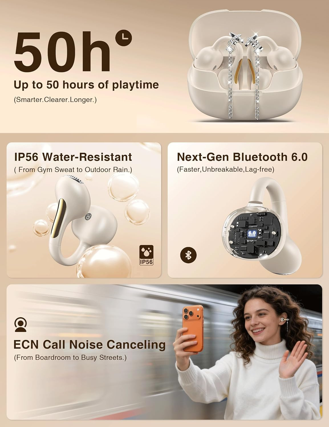 Open Ear Headphones with Dangling Star Jewelry Earrings, Wireless Bluetooth 6.0