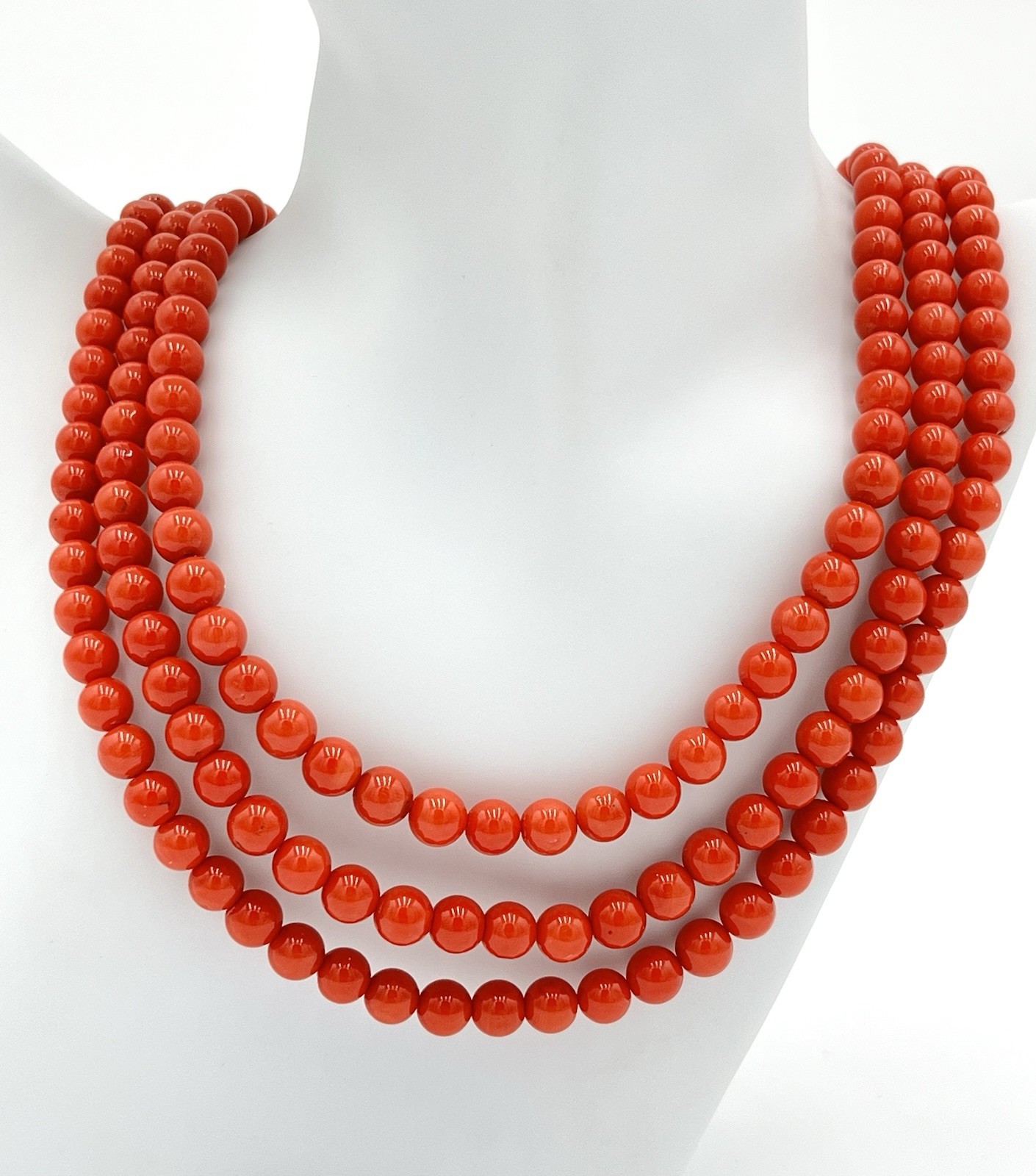 Natural Mediterranean Red Coral 3 Strand Necklace 7mm 18Kt Gold Made in Italy