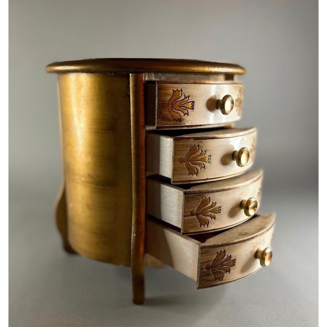 Vintage Style Gold Musical Jewelry Box Miniature Chest Ornate Floral Design