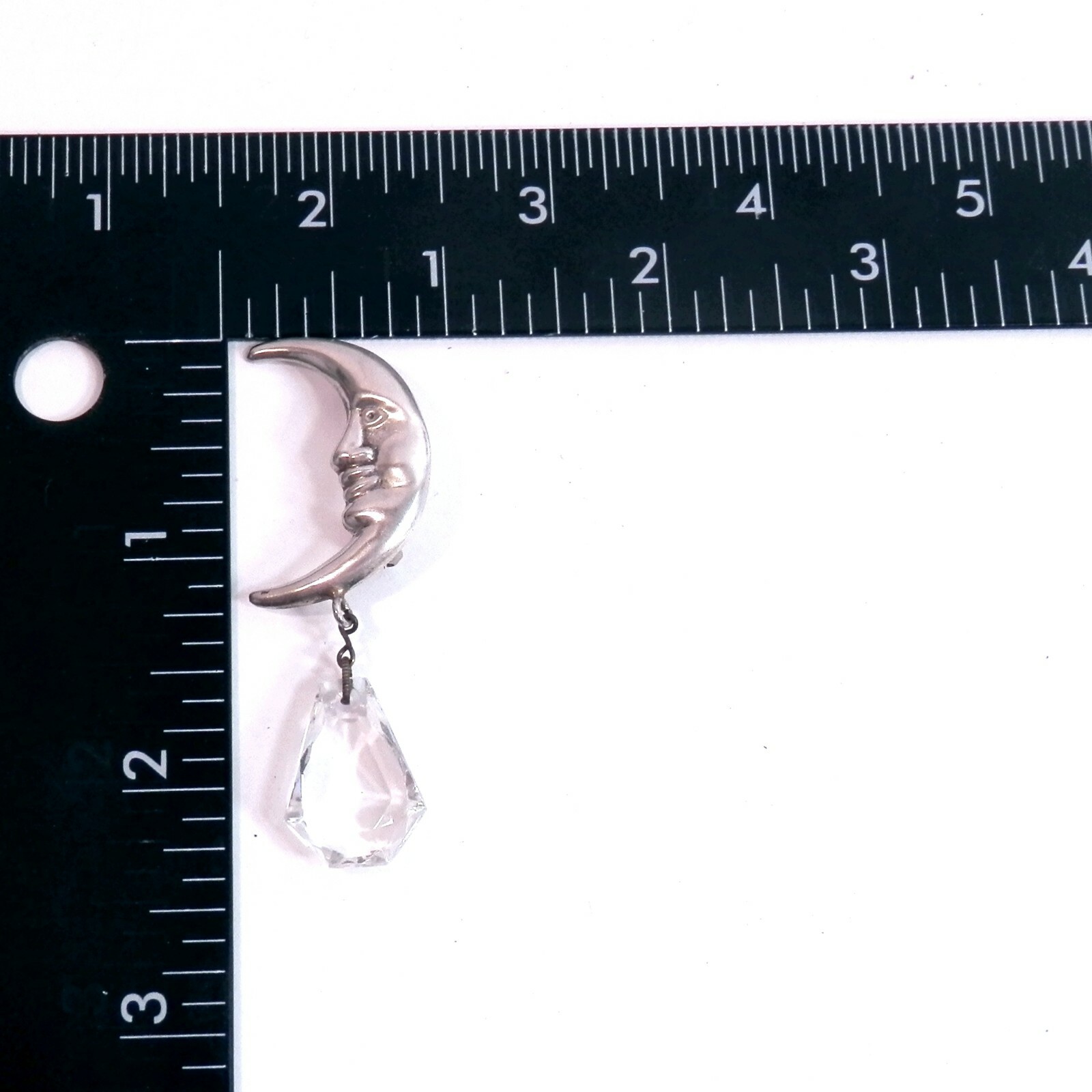 Vintage Solid Sterling Silver 925 Moon with clear dangle gem 3d Rare Find! CUTE♡