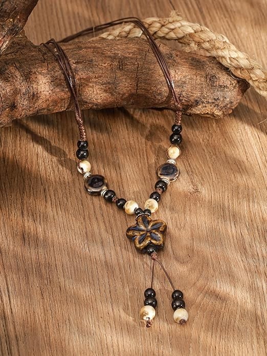 Boho Hippie Colorful Ceramic Beads Star Charm Y Necklace, Bohemian Summer S01