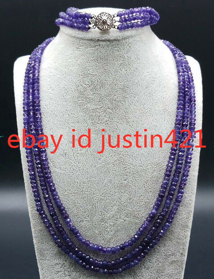 New 2x4mm Purple Amethyst Faceted Beads Gemstone 3 Row Necklace Bracelet Set