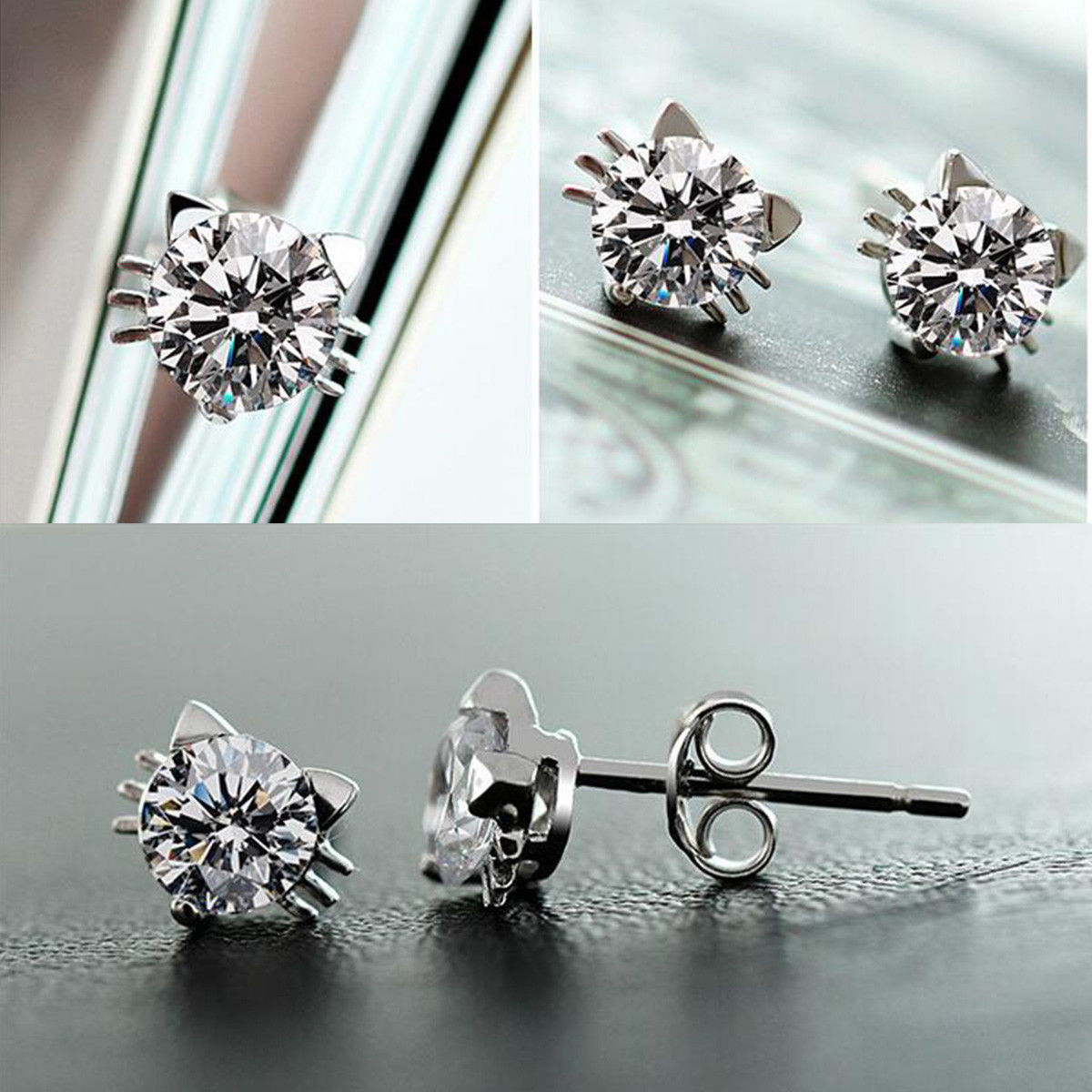 Cat Earrings Solitaire Pierced Stud Kitty Head Whiskers Silver Cubic Zirconia