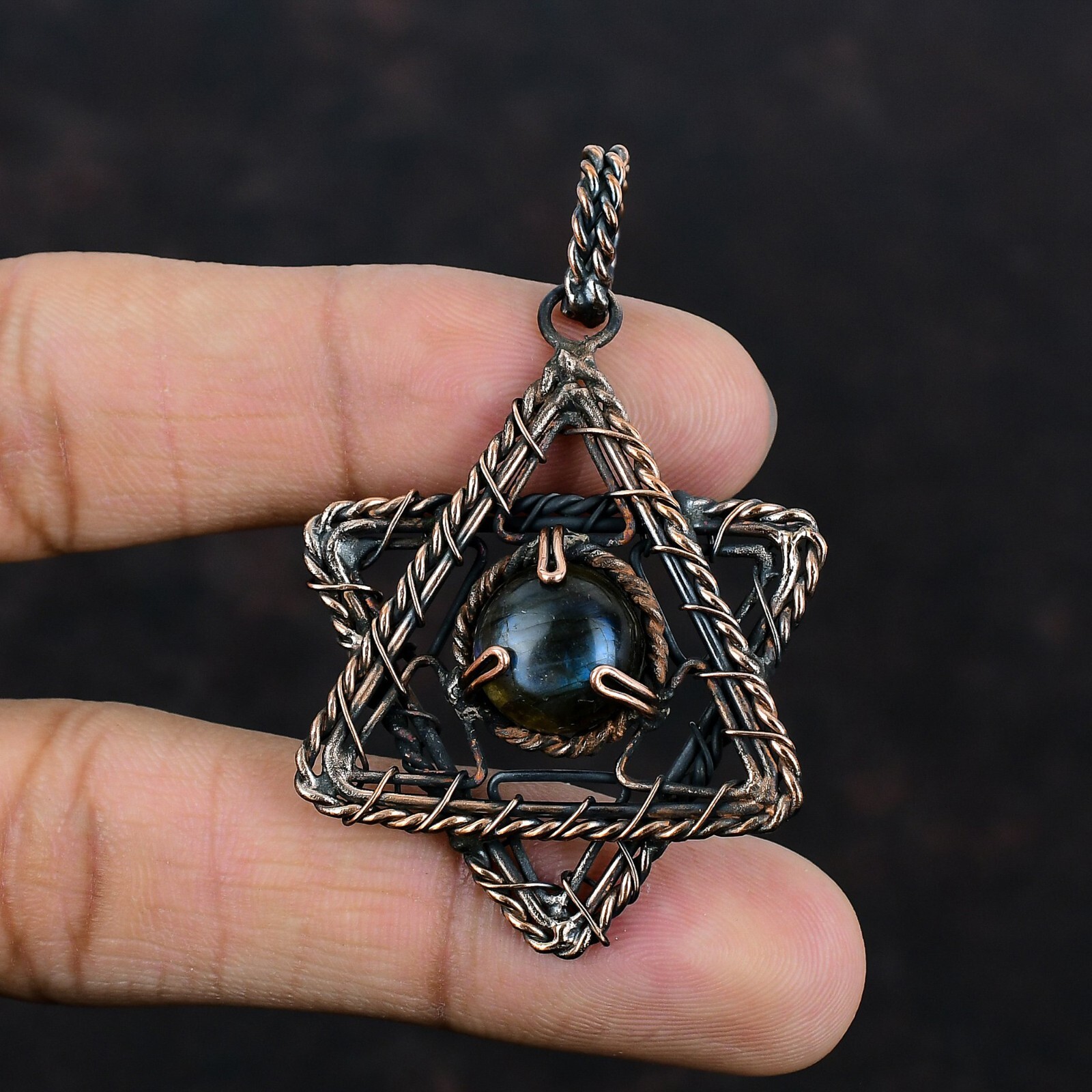 Labradorite Wire Wrapped Star Pendant Handcrafted Copper Unique Jewelry 2.32″