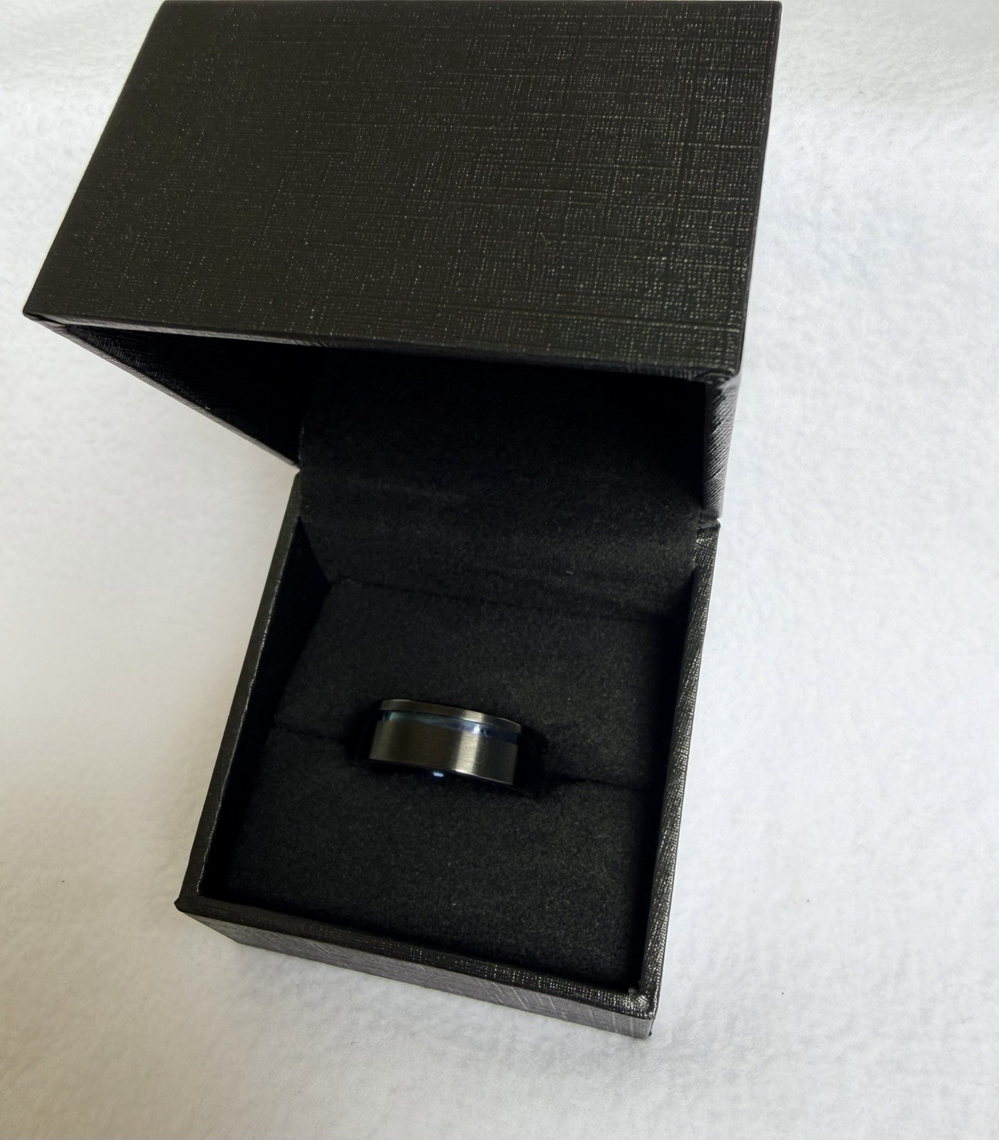 Zales Triton Men’s 8mm Black/Blue Tungsten Comfort Fit Engraved Band 10