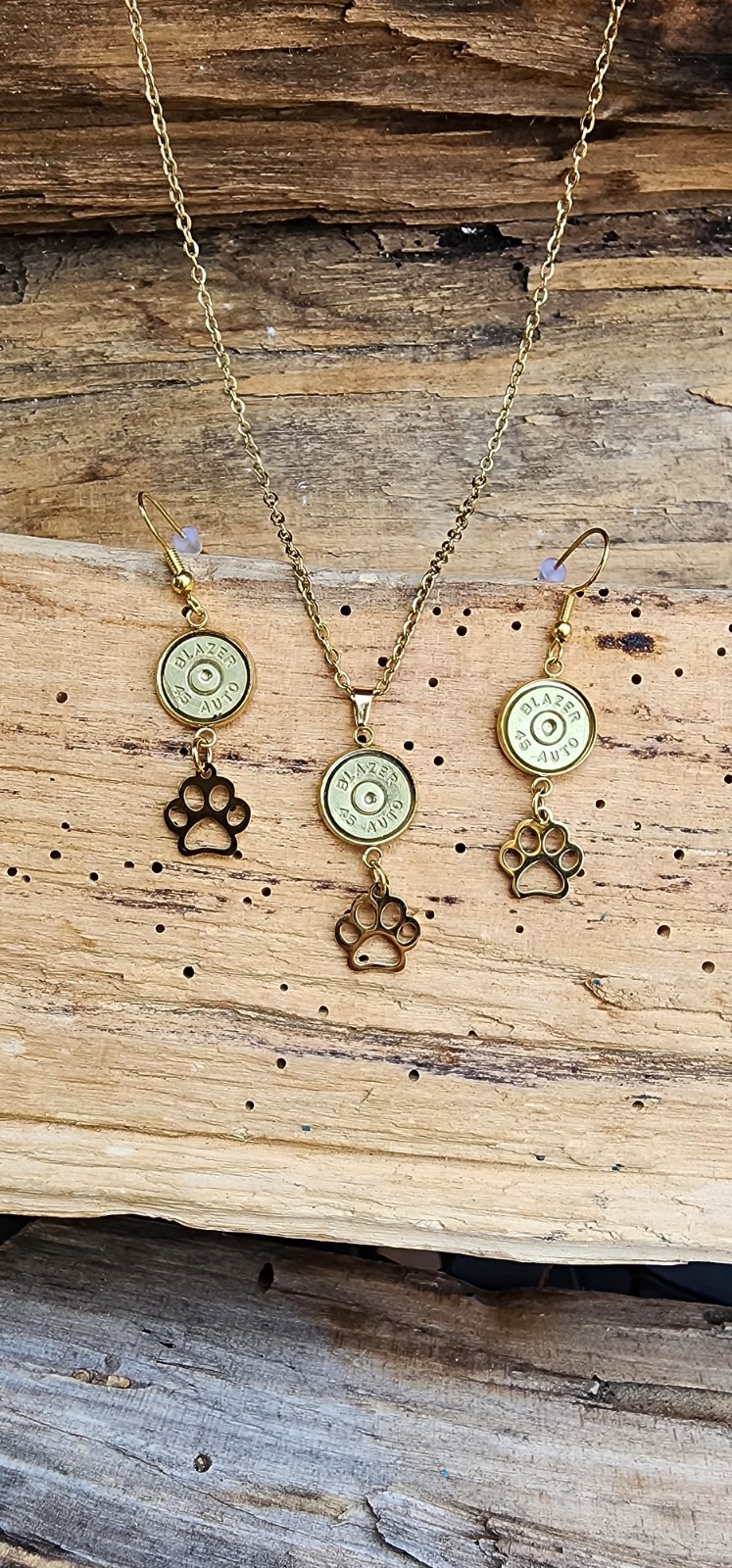 Gold Stainless Bullet Necklace and Earrings with Paw Charms. Optional Color