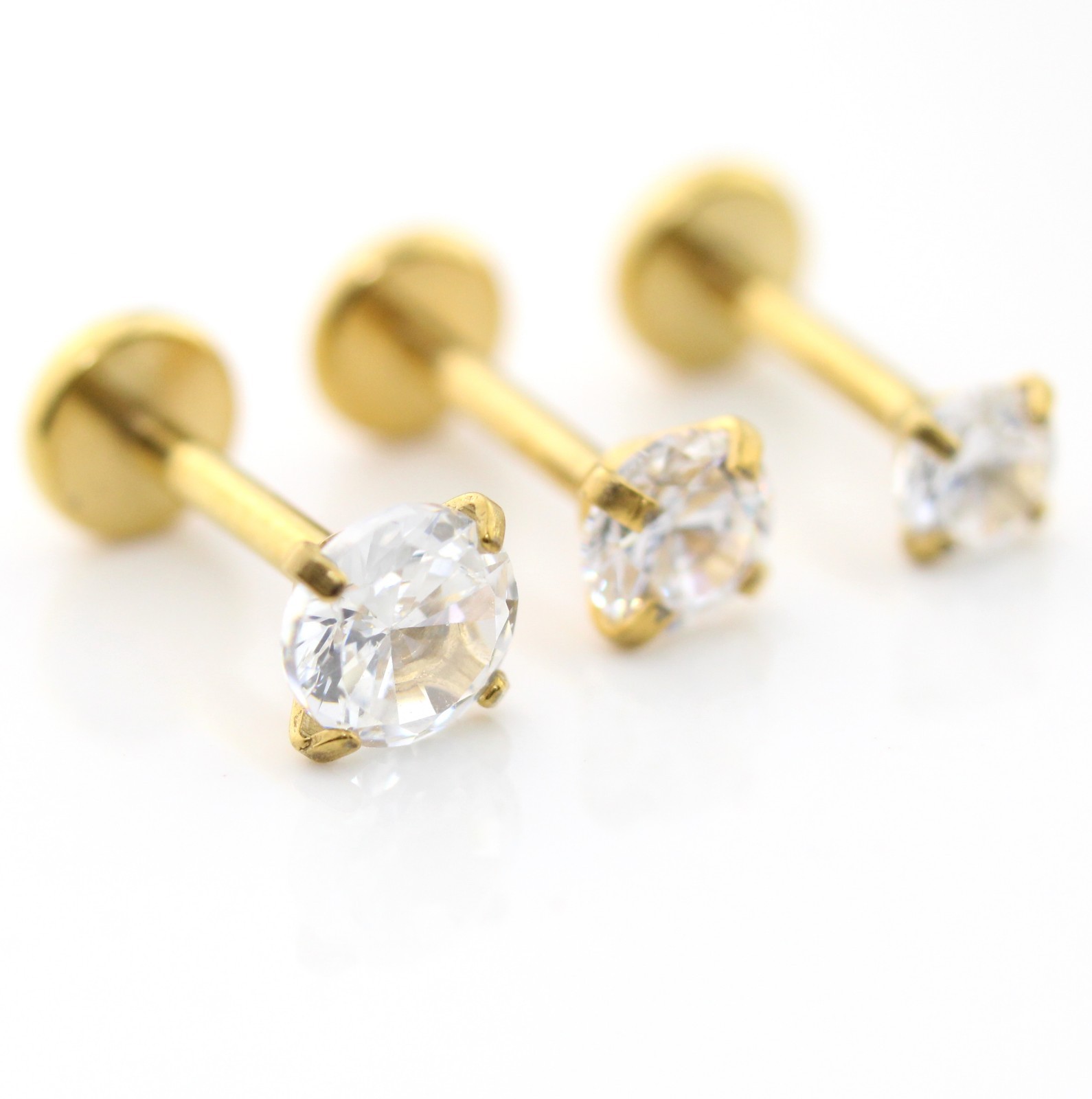 Gold PVD Threadless Flat Back Stud Earring-Cartilage Nose Ring-Tragus Piercing
