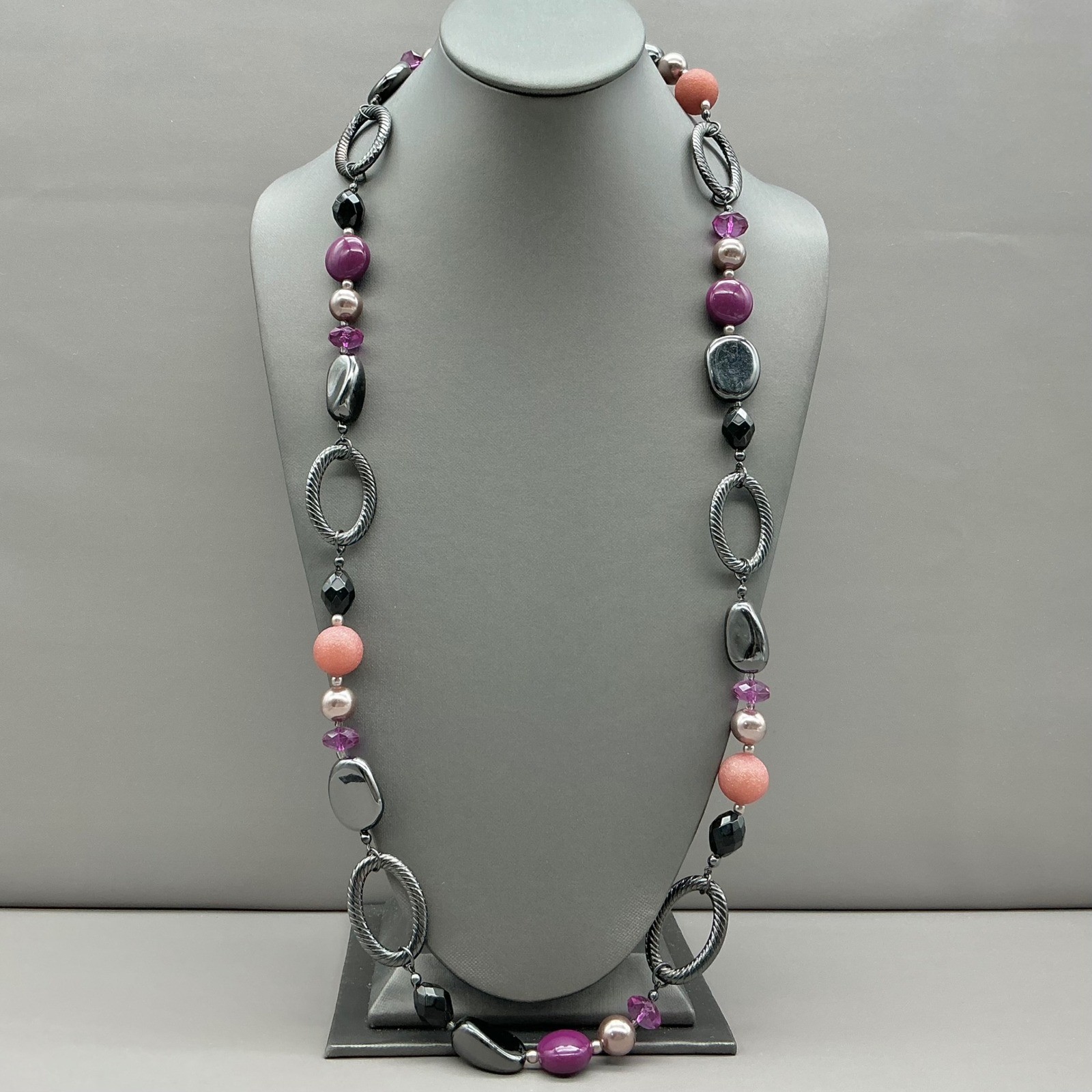 Premier Designs Necklace Purple Beaded Gunmetal Tone Twisted Link Long 26 Inch