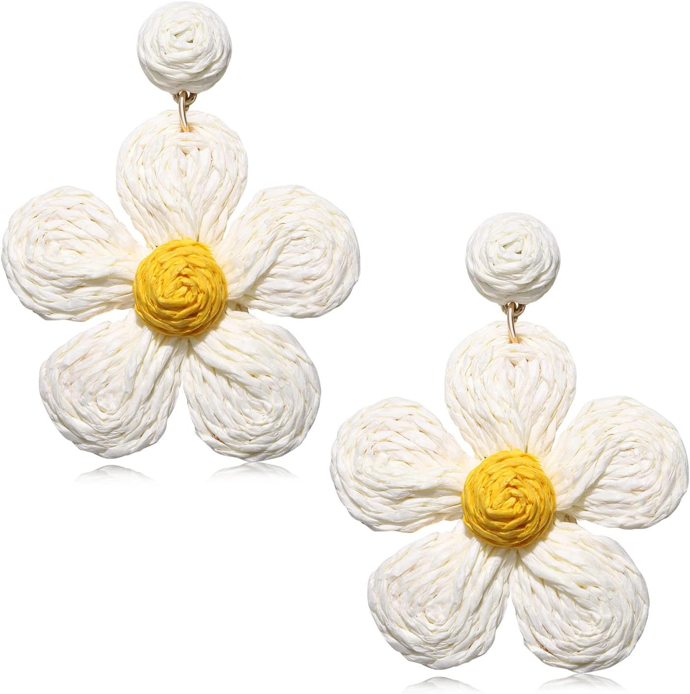 Rattan Flower Drop Earrings Raffia Straw Dangle Beach Jewelry Women